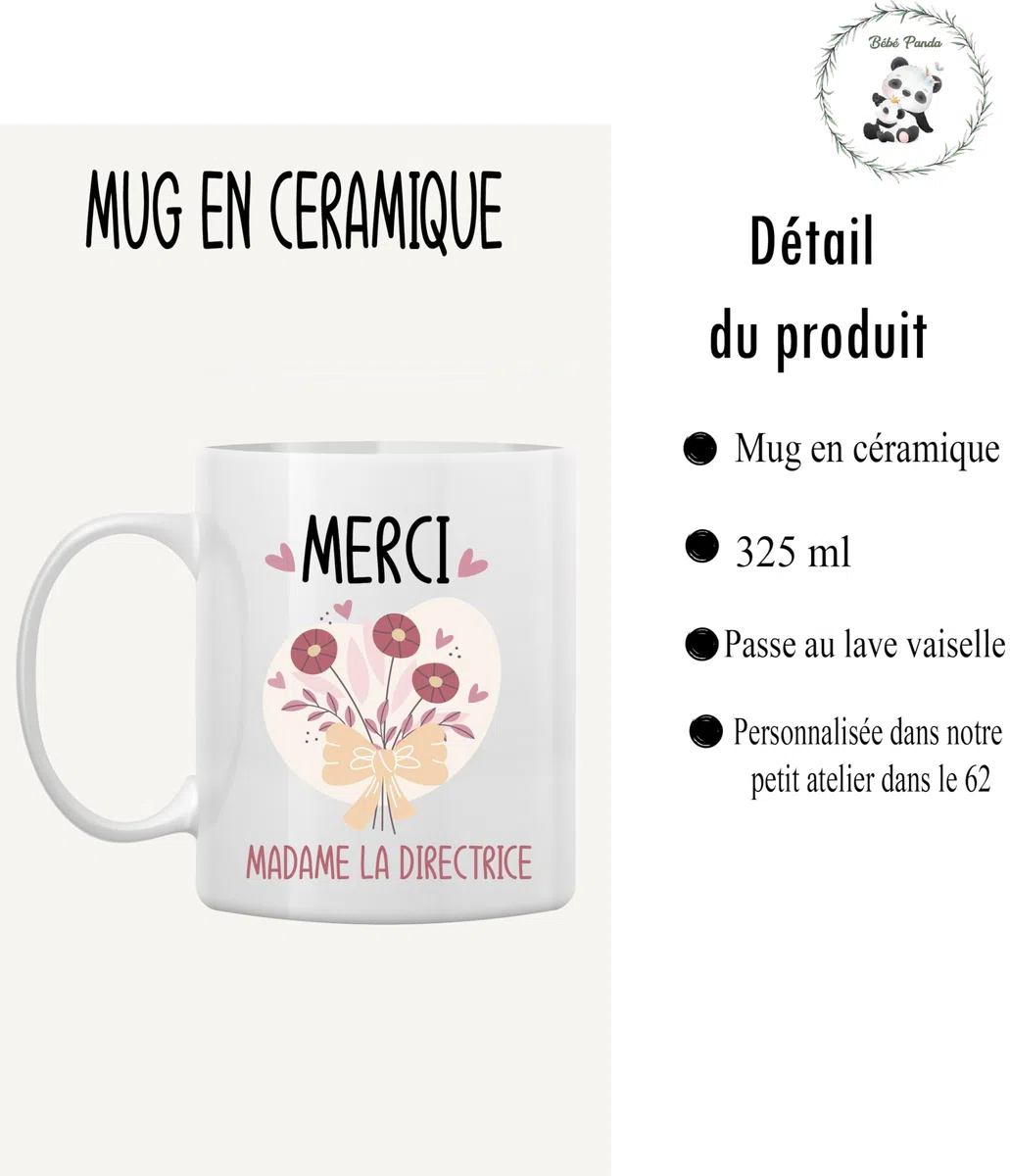 Mug Blanc 330 ml – "Merci Madame la Directrice" avec Dessin de Bouquet de Fleurs – Cadeau de Remerciement Élégant pour une Directrice, Idée Cadeau Appréciation