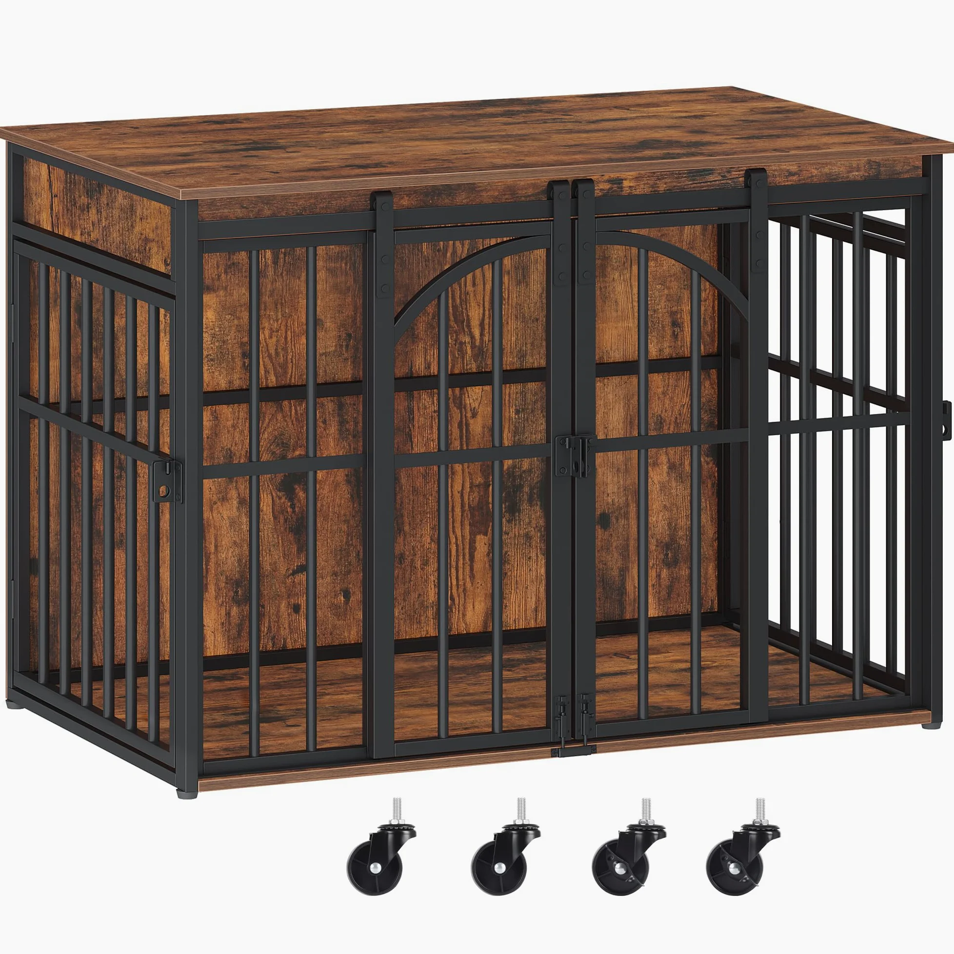 Hzuaneri Cage pour Chien avec roulettes Pivotantes à 360°, Caisse avec Porte Coulissante, Moderne en Bois pour Chiens de Petite et Moyenne Taille, pour Une Utilisation en Intérieur, Marron Rustique