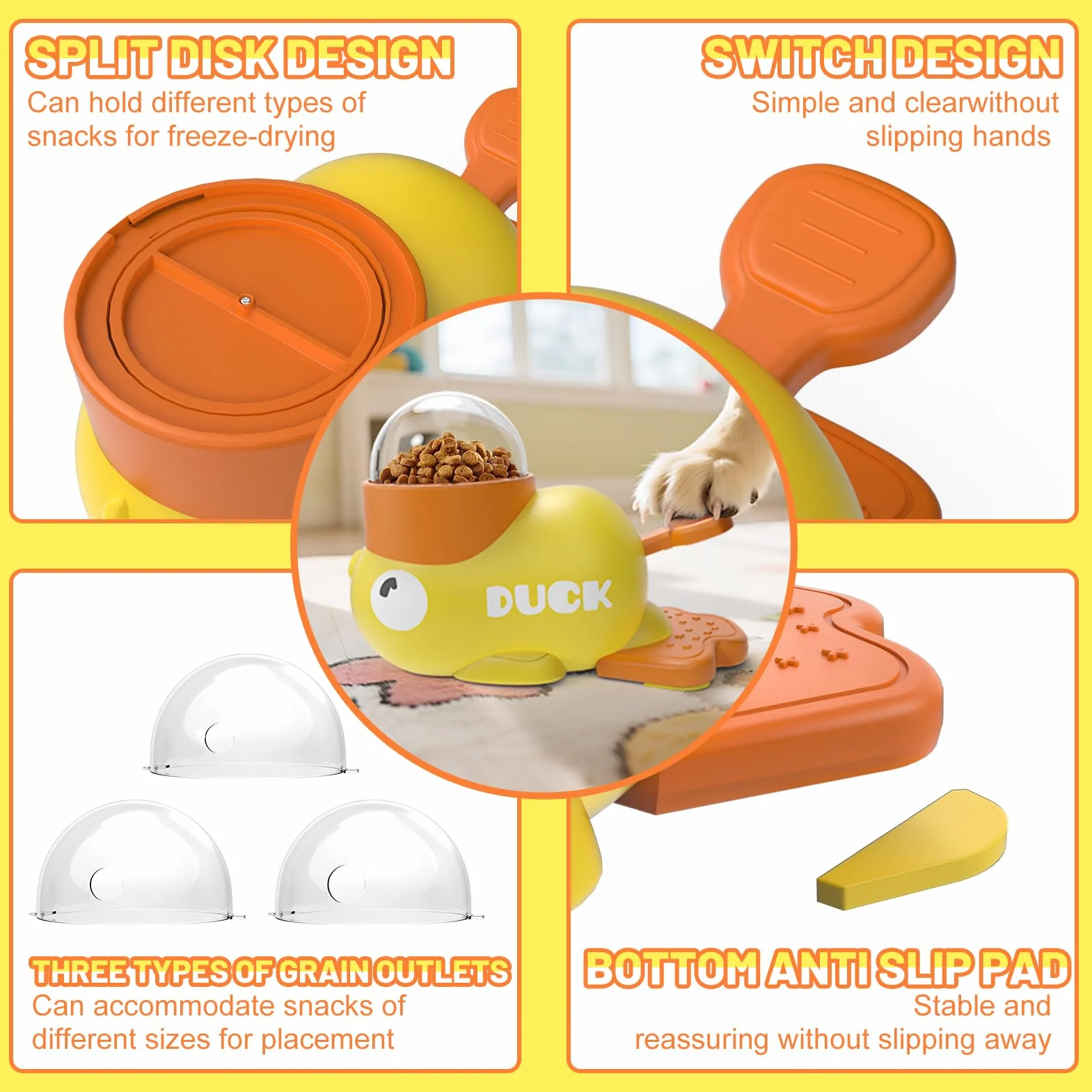 Jouet Interactif pour Chien et Chat Canard Jaune - Distributeur de Friandises et Mangeoire Anti-Glouton - Jeu d'Intelligence pour Alimentation Lente - Silicone Durable et Antidérapant