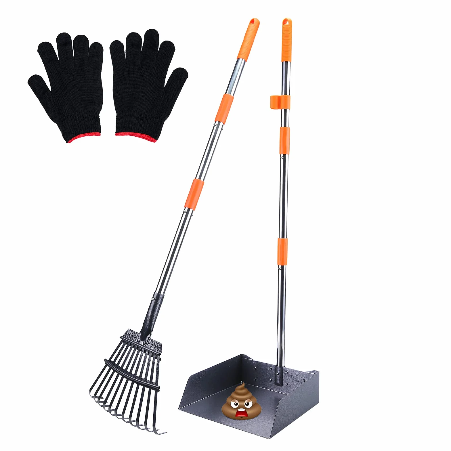 HAPPY HACHI Ramasse Crotte pour Chien Métallique avec Pelle et Râteau | Pelle Manche 95cm, Râteau à 9 Dents Manche 92cm, Gants Inclus