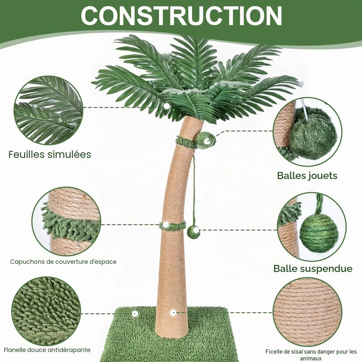 Arbre à chat de 102 cm de haut, arbre à chat avec design courbé, griffoir avec 3 balles interactives, corde de sisal naturel pour arbre à chat pour chats d'intérieur adultes et chatons, combinable