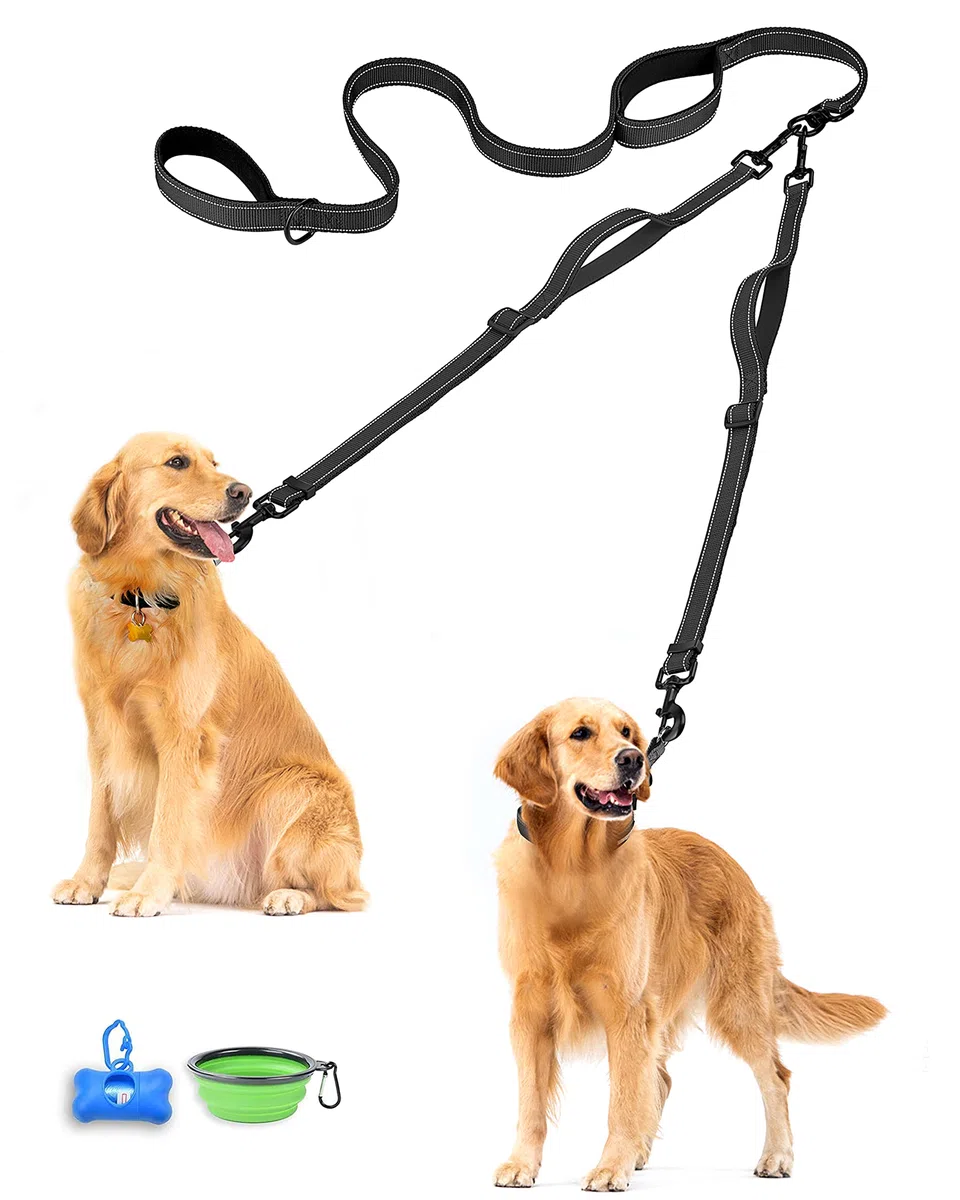 PetBonus Laisse Double pour Chien, Double Laisse Anti-Enchevêtrement Réfléchissante, avec 4 Poignées Rembourrées Confortables pour Chiens de Taille Moyenne ou Grande (Noir)