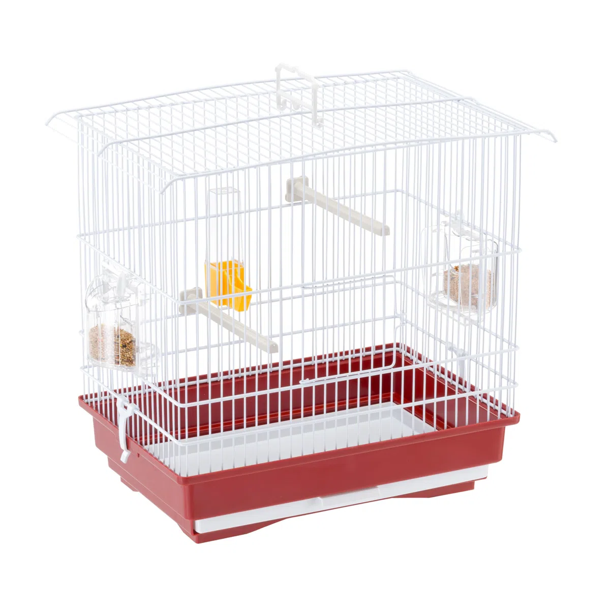 Ferplast Cage pour canaris et petits oiseaux exotiques GIUSY Cage rectangulaire pour oiseaux, équipée d'accessoires et mangeoires tournantes, métal robuste vernis Blanc et bac de cage en plastique Rouge, 39 x 26 x h 37 cm