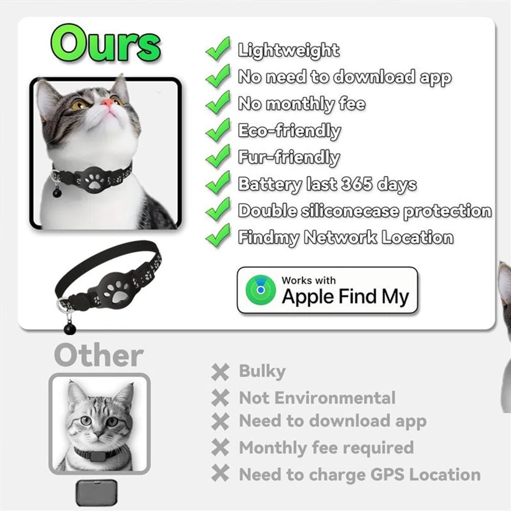 Collier GPS Chat, Traceur GPS Chat Tracker, sans Abonnement Mensuel, Pas de SIM, Compatible avec Apple Find My (iOS Uniquement) (Collier + pisteur Rose)