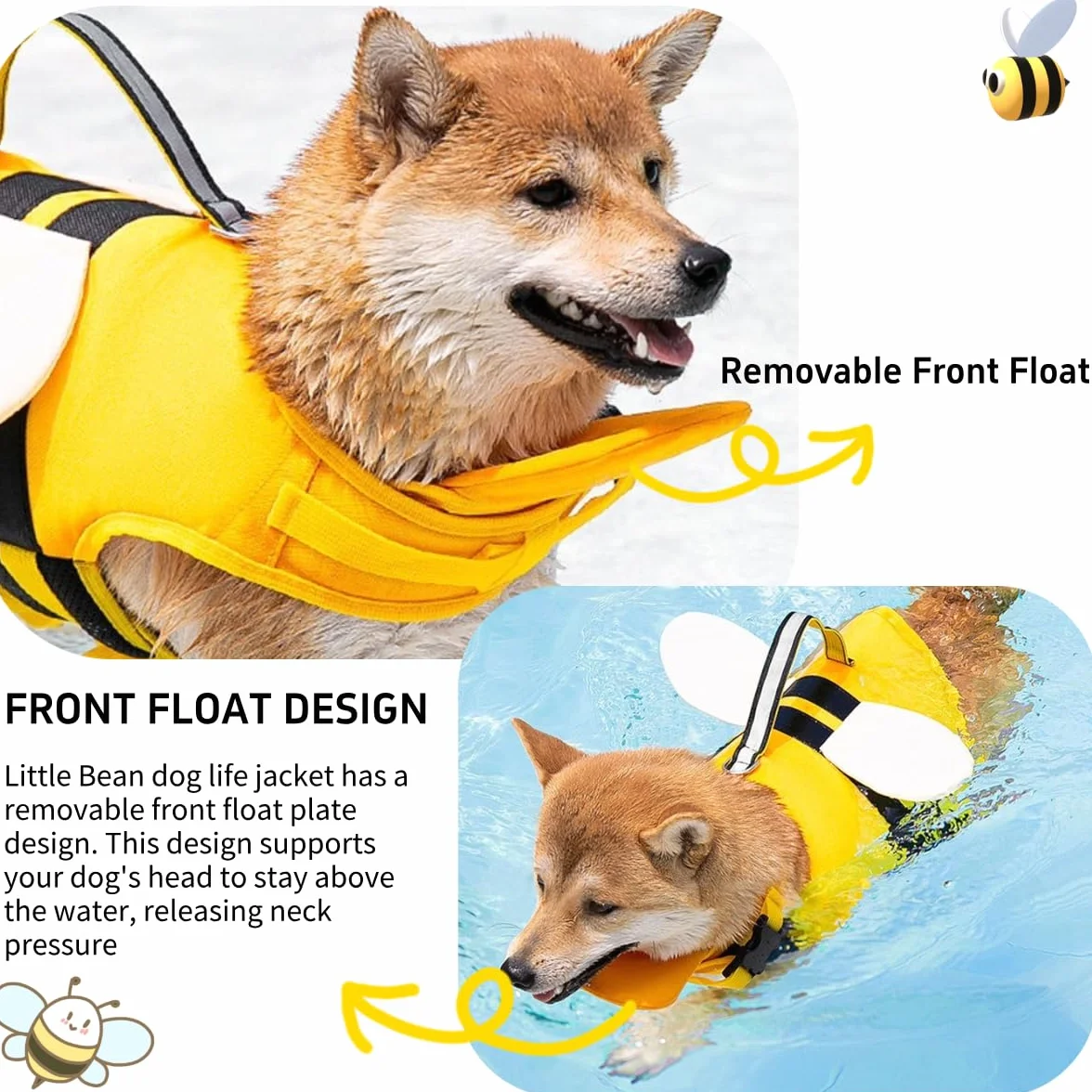 Little Bean Gilet de Sauvetage réglable pour Chien avec flottabilité supérieure et poignée de Sauvetage pour Chiens de Petite, Moyenne et Grande Taille (Jaune, L)
