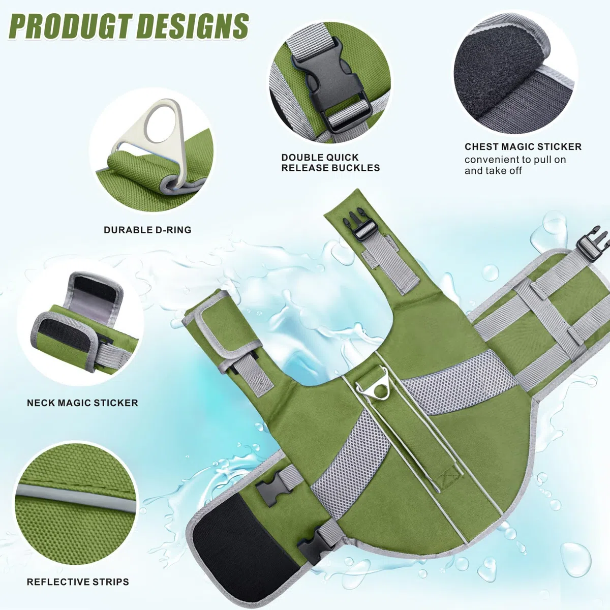 Gilet de Sauvetage pour Chien Haute Flottabilité, Gilet Sauvetages pour Chien de Requin Réfléchissant Sécurité pour Animaux Compagnie Maillot Bain (Vert, XS)