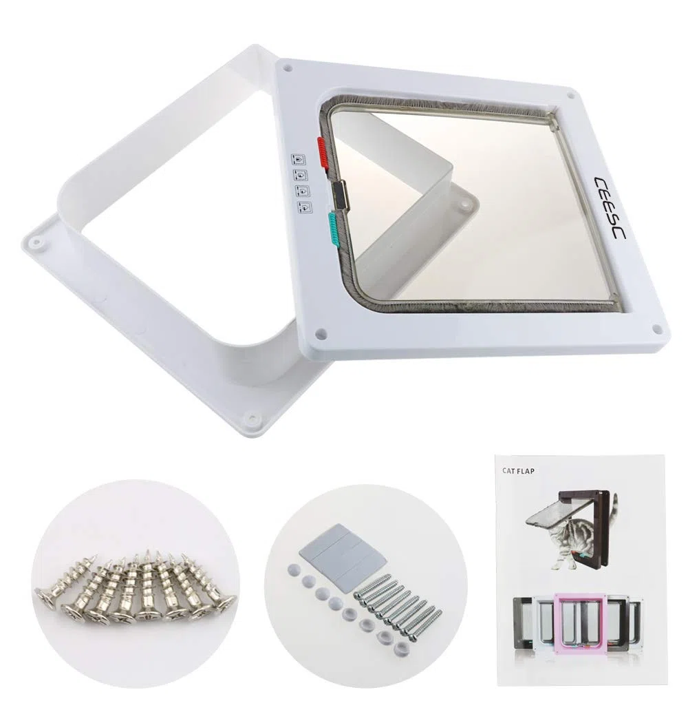 CEESC Chatière pour Chat, Chatière Verrouillable à 4 Voies pour Chat, Petit Chien, Facile à Installer et à Utiliser(M,Blanc)