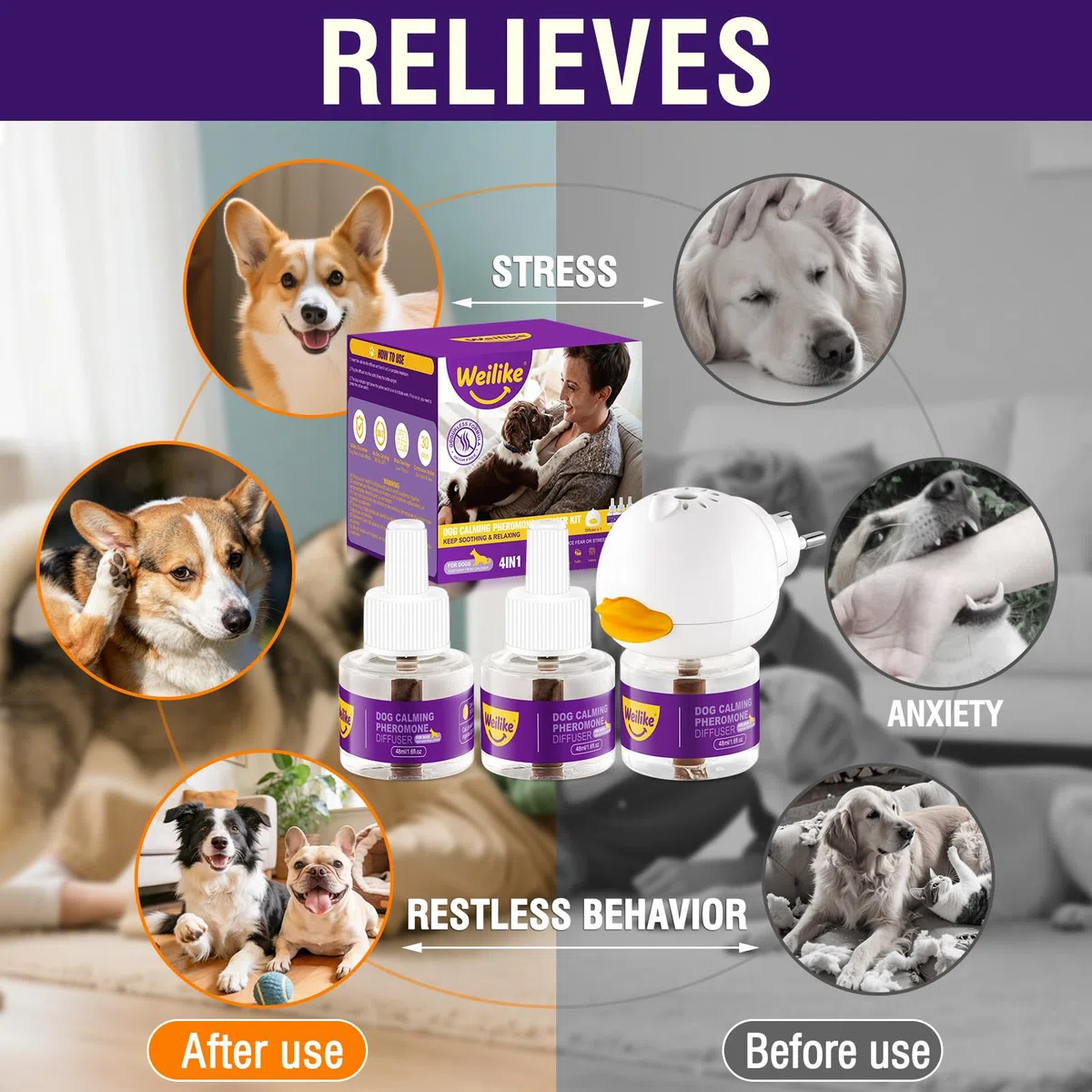 Diffuseur De Phéromones Apaisantes pour Chiens,Soulagement Naturel De L'anxiété,Réduit Le Stress Et Favorise La Relaxation,Formule Sûre Et Efficace,2 Recharges (3 Ricariche+1 Diffusore)