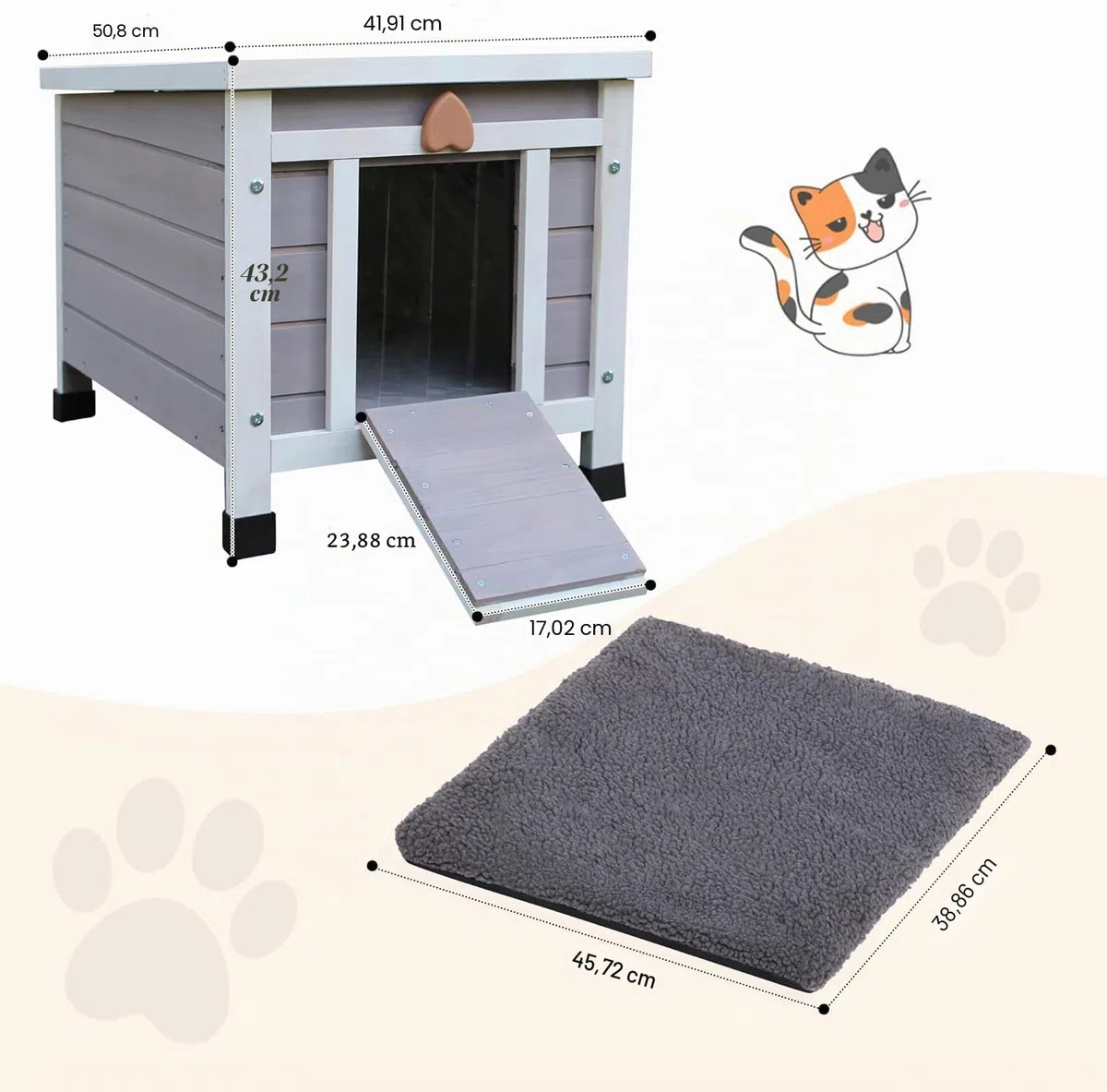 Maison de Chat d'extérieur avec Tapis, Maison de Chat Exterieur en Bois,Sauvage extérieure résistant aux intempéries, Petite Maison en Bois avec Tapis 42 x 51 x 43 cm (Gris)