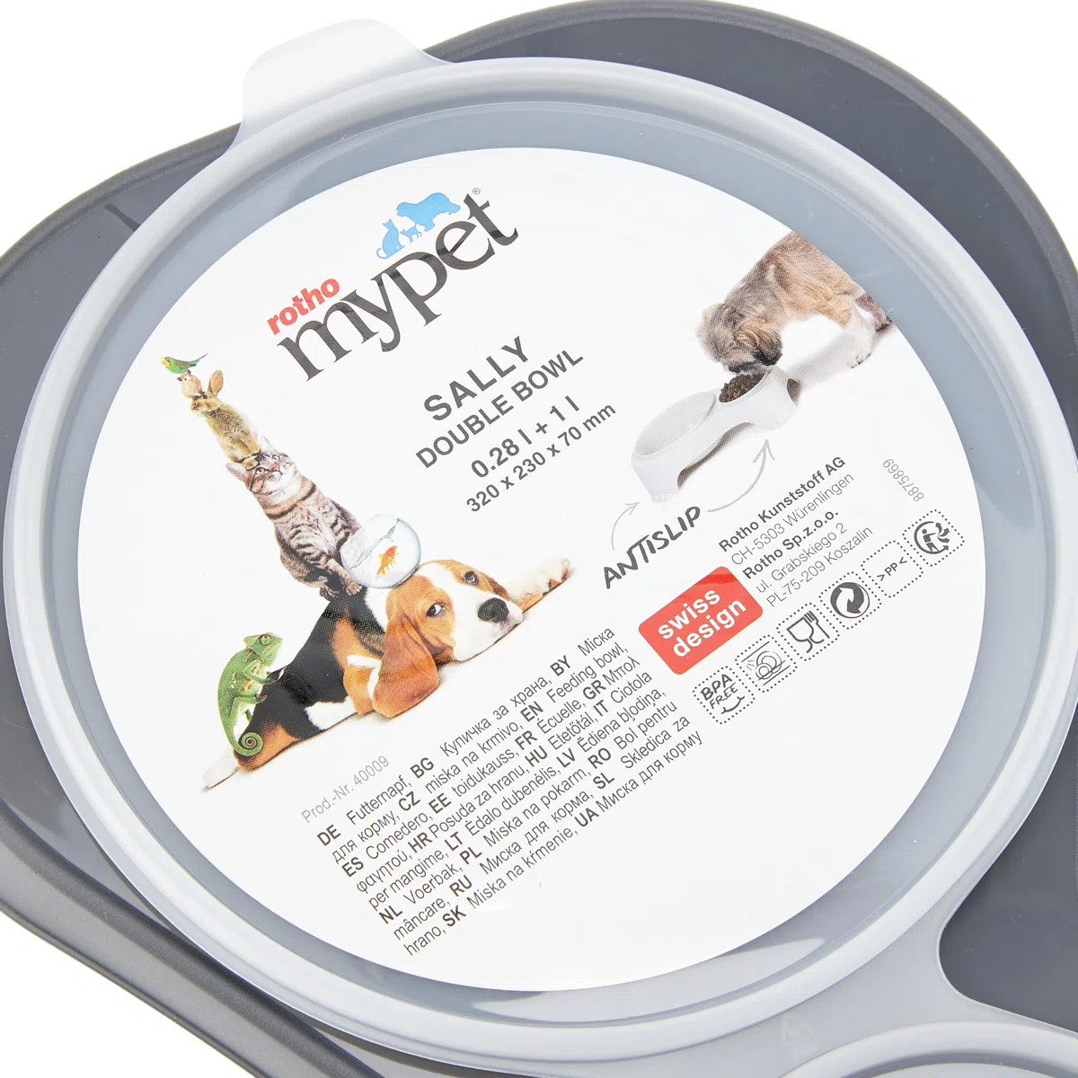Rotho MyPet Sally Double Bol d'alimentation avec Couvercle, Plastique (PP) sans BPA, Anthracite, 1l + 0.28l (32.0 x 23.7 x 7.0 cm) (Lot de 2)