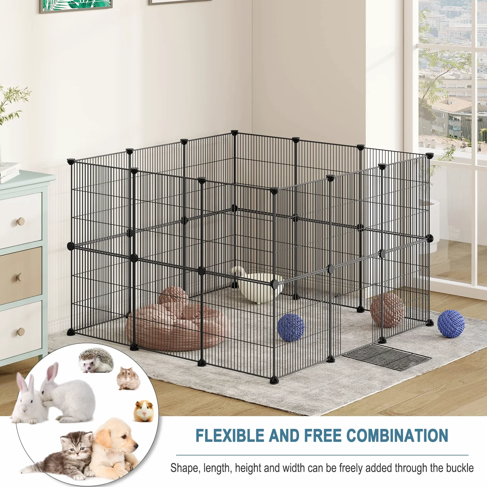 EUGAD Lot de 24 Enclos Lapin avec Porte, Modulable Enclos Lapin Intérieur, DIY Parc pour Petits Animaux, Clapier Métallique, Clôture Réglable pour Lapins Hérissons Furets 142x72x72CM