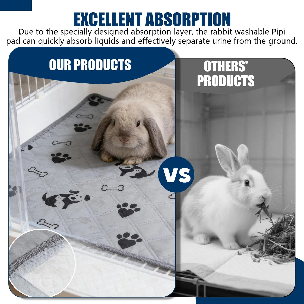 Lot de 2 tapis lavables PIPI pour lapin de 120 x 60 cm : tapis réutilisables PIPI avec antidérapant pour cage, voiture et canapé, tapis lavable pour petits animaux pour hamsters, lapins