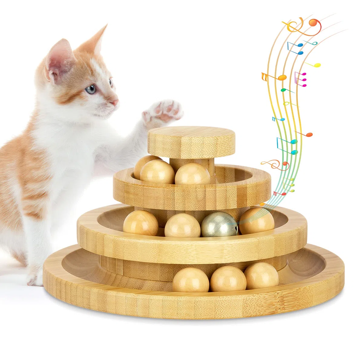 Jouet pour Chat, Jouet Chat Interieur en Bois, Balle Chat Piste détachable, Balle avec Cloche