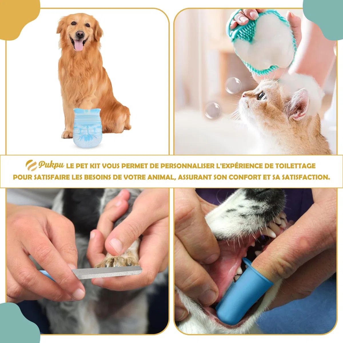 Kit Toilettage Chien Chat 9 Pièces – Brosse Chien, Brosse Chat, Gant Poil, Coupe Ongle, Lave Pattes et Accessoires Toilettage