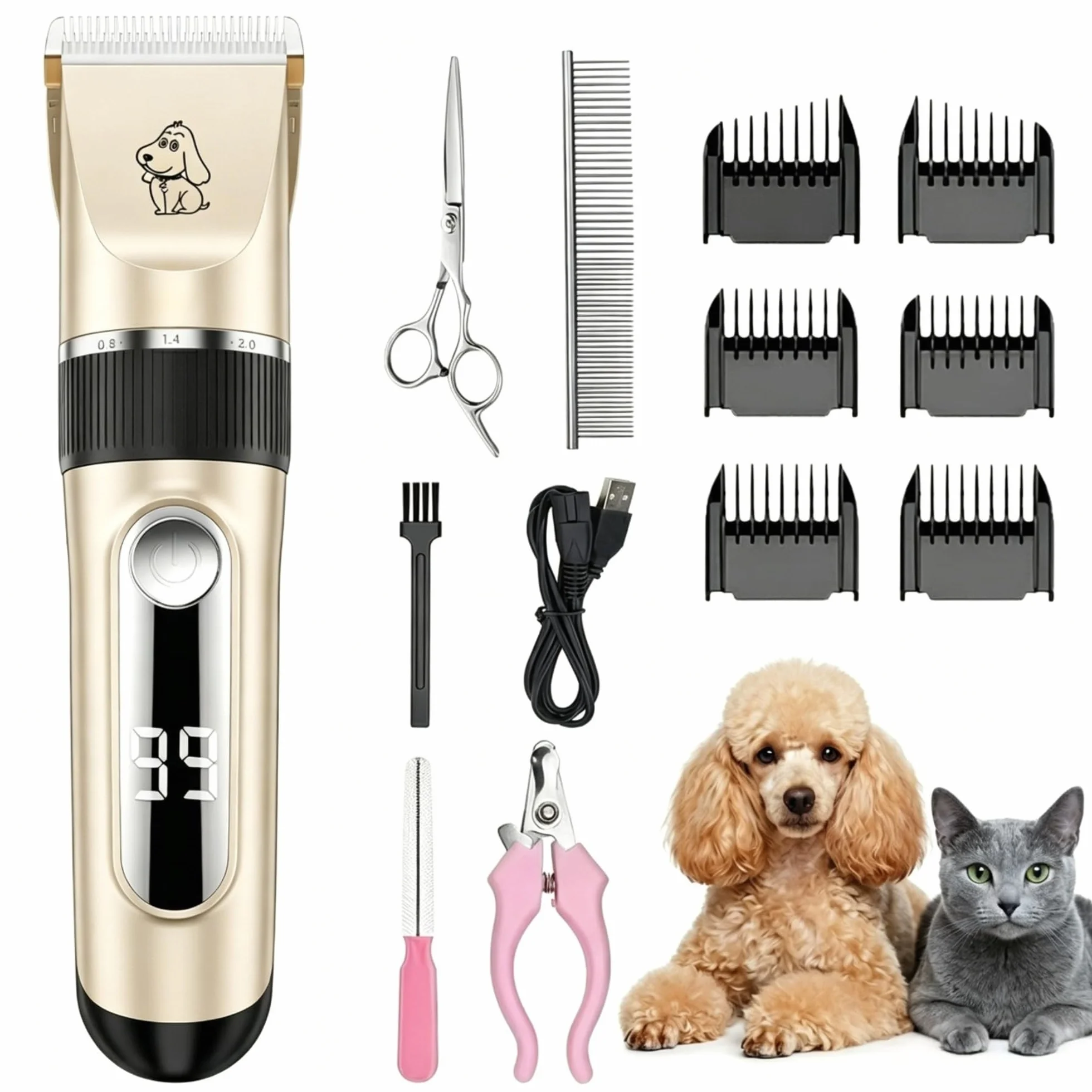 Tondeuse pour Chien IPX7 Tondeuse Chien Professionnelle à 2 Vitesses Écran LED avec Ciseaux Coupe-Griffes Peigne et 6 Accessoires de Sabots Tondeuse de Toilettage pour Chien Chat et Animaux