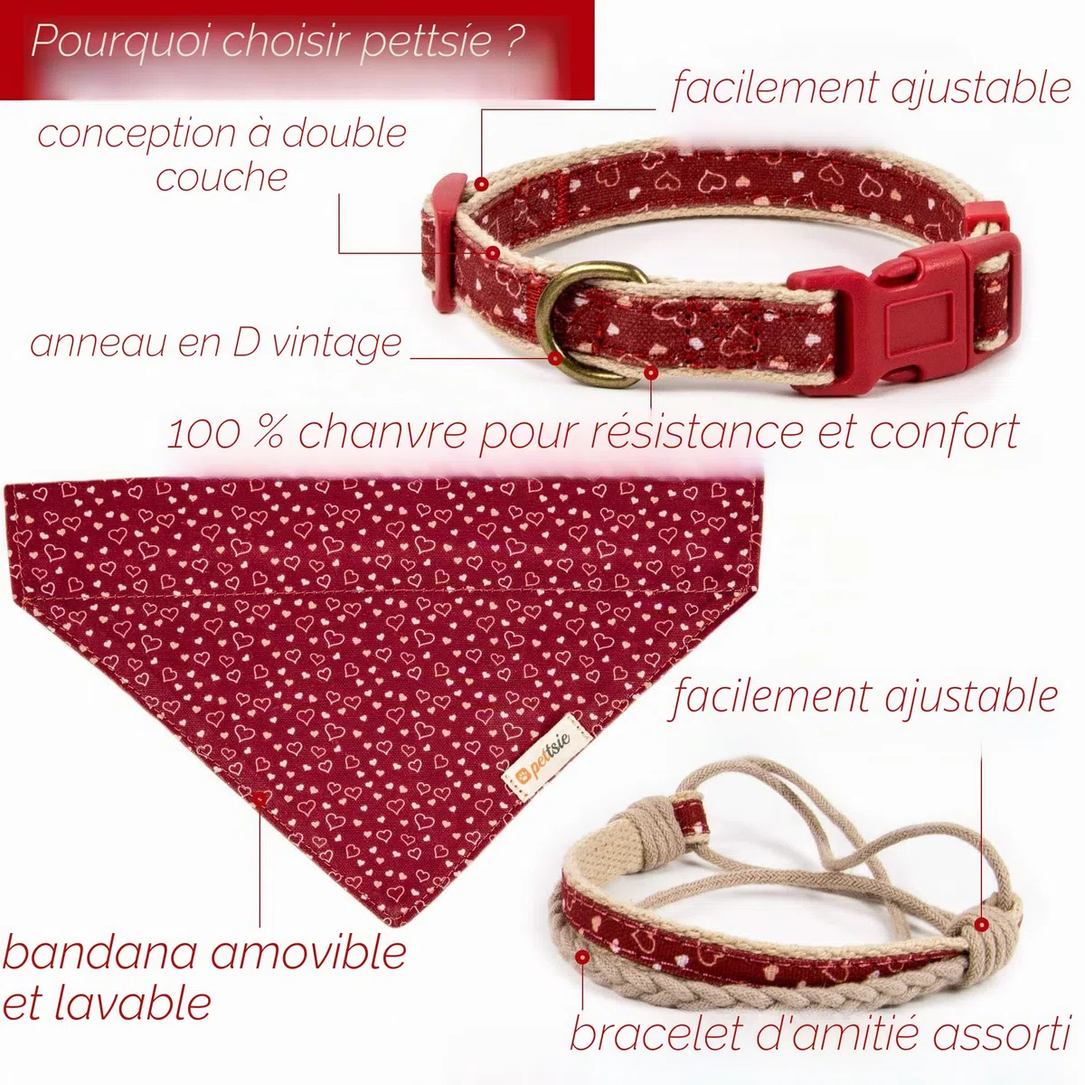 Pettsie Bandana pour Chien avec Collier et Bracelet d'amitié, Tailles réglables S, M et L, Foulard Bandana Amovible, Coffret Cadeau Inclus, pour Les Amoureux des Chiens, S, Rouge