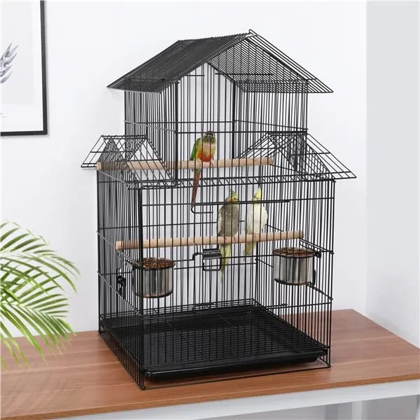 Abician Cage Oiseaux sur Pied avec Toiture Triple-A Cage sur roulettes avec Support Détachable 59 x 59 x 139,5 cm