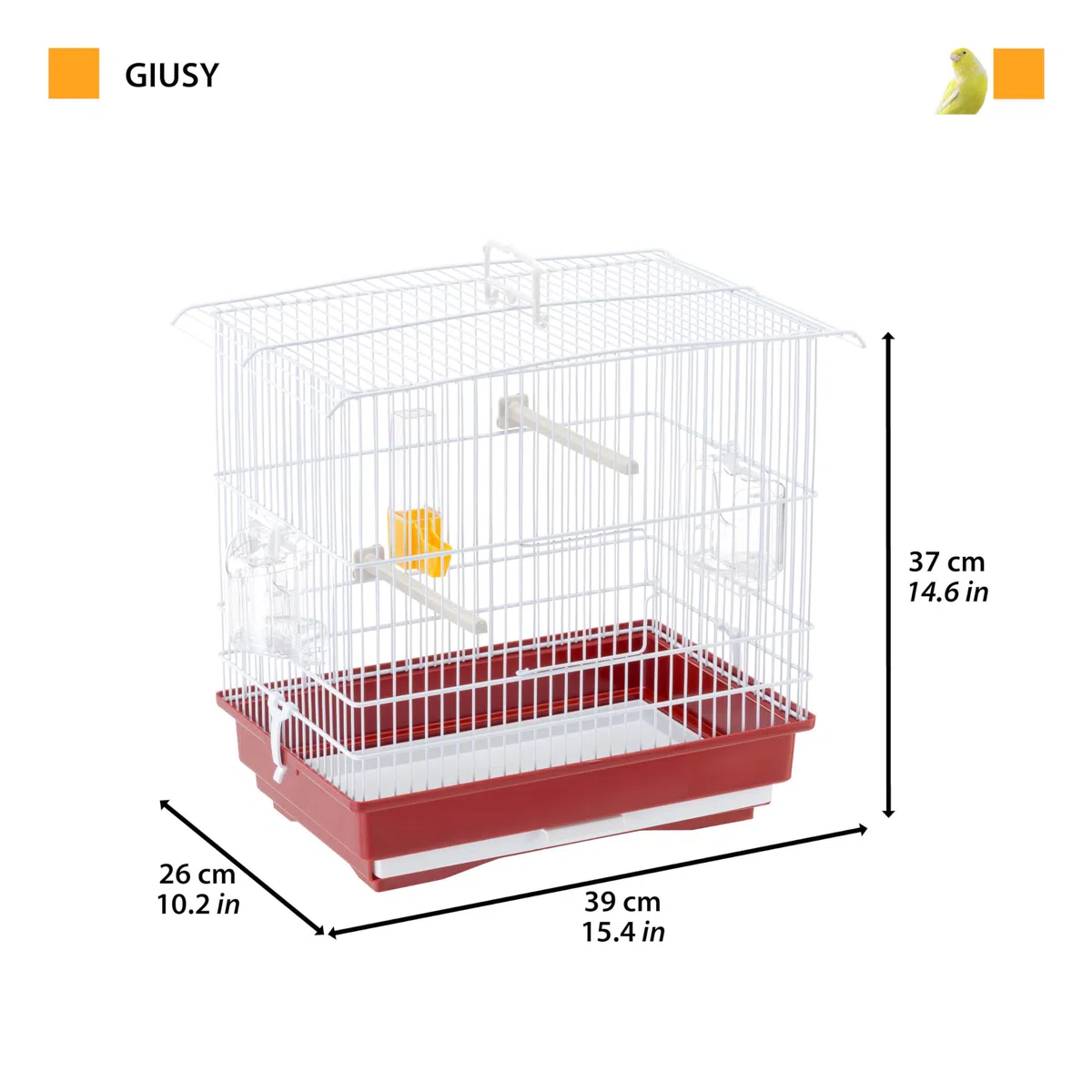 Ferplast Cage pour canaris et petits oiseaux exotiques GIUSY Cage rectangulaire pour oiseaux, équipée d'accessoires et mangeoires tournantes, métal robuste vernis Blanc et bac de cage en plastique Rouge, 39 x 26 x h 37 cm