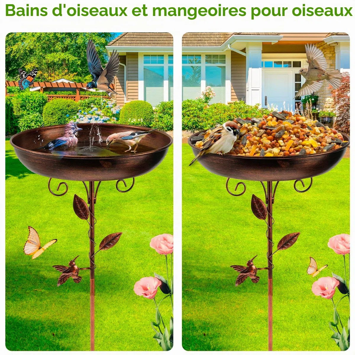 Abreuvoir pour oiseaux sur pied rétro en métal - 30 x 80 cm avec piquet, bain résistant au gel pour extérieur et hiver