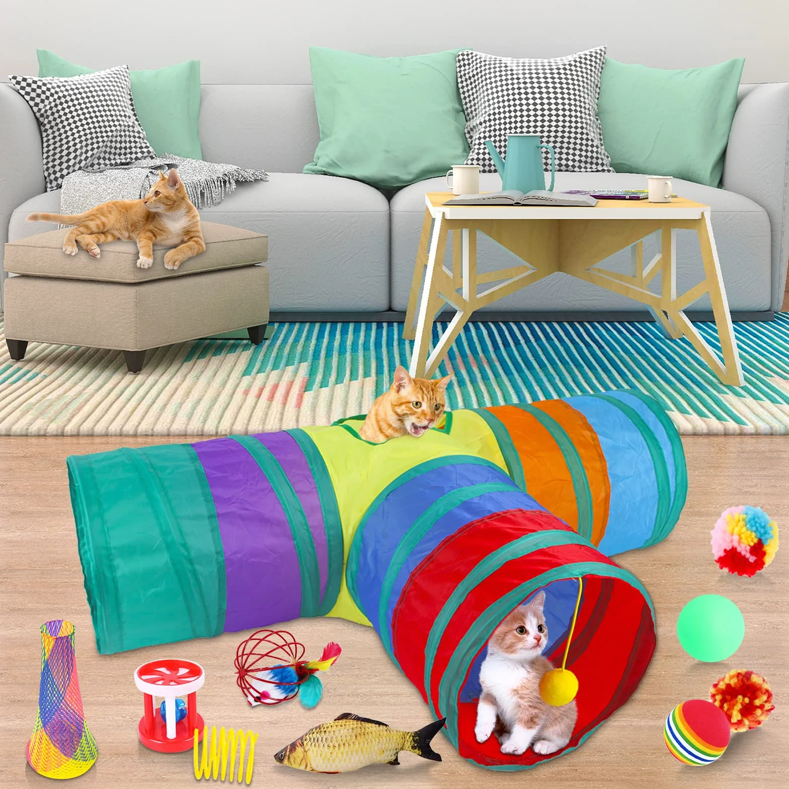 Jouets Chat,33pcs Jouet pour Chat,Jouets pour Chats Interactif Jeux Chaton avec Tunnel,Poisson,Souris,Plume,Balle Jeux Chaton,Kit de Jouets Interactifs pour Chats