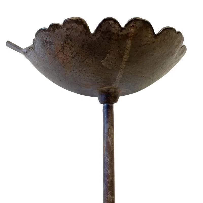 Bain Oiseau Fleur Coupelle à Oiseau Bénitier sur Pic Fonte et Acier Patiné Marron Tuteur 14,5x17,5x87cm
