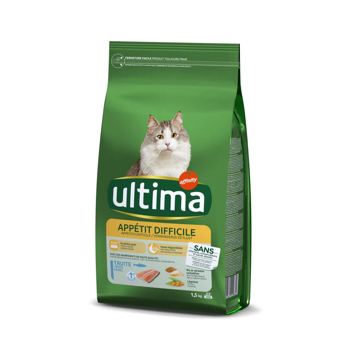 Ultima Croquettes pour Chat Adulte Appétit Difficile Truite et Riz 1,5 kg
