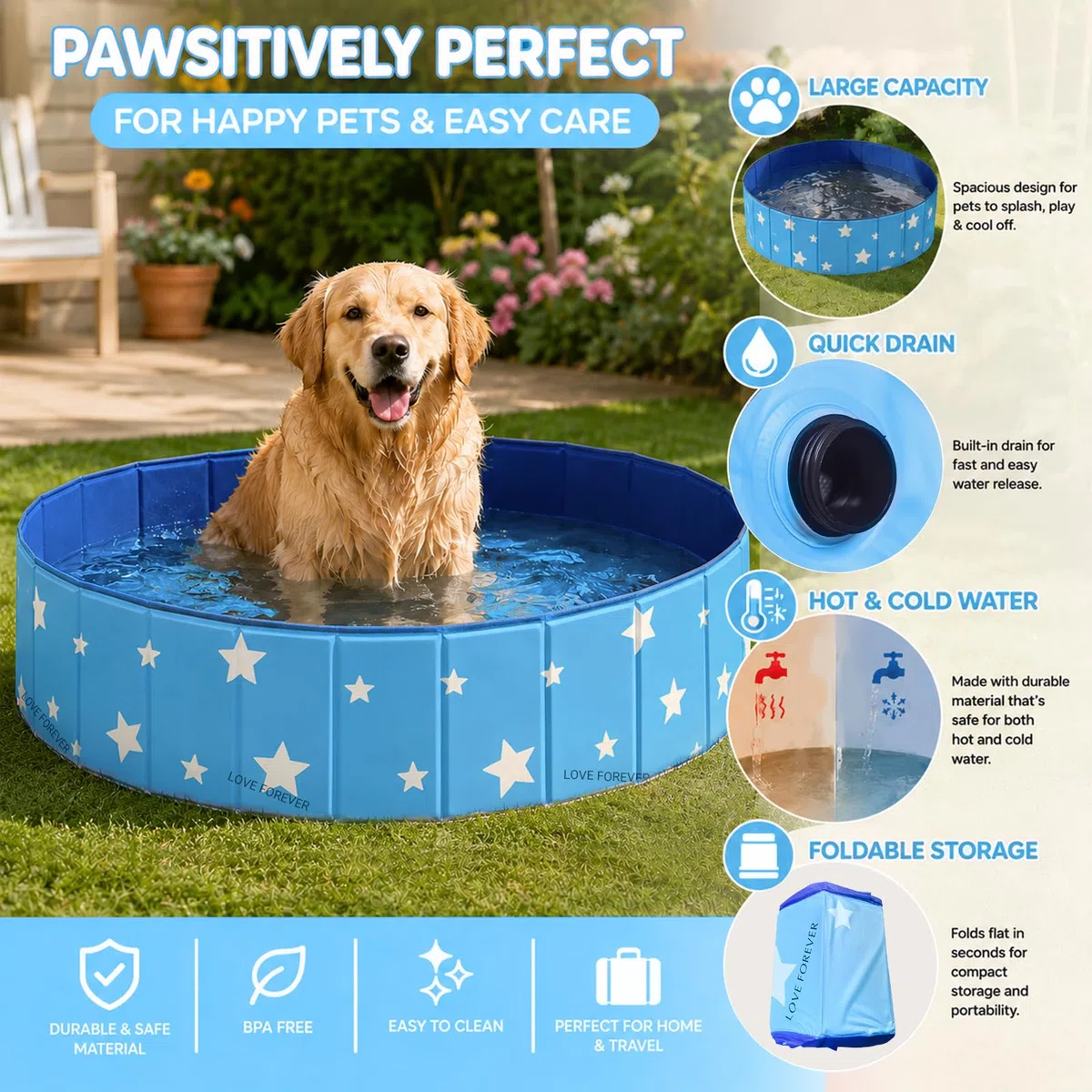 ZoneYan Piscine Pliable Chien 80 * 30 cm, Piscine pour Chien en PVC, Baignoire pour Chien Antidérapante avec Double Vidange, Piscine pour Chien Piscine Portable pour Petits et Moyens Chiens (Bleu)