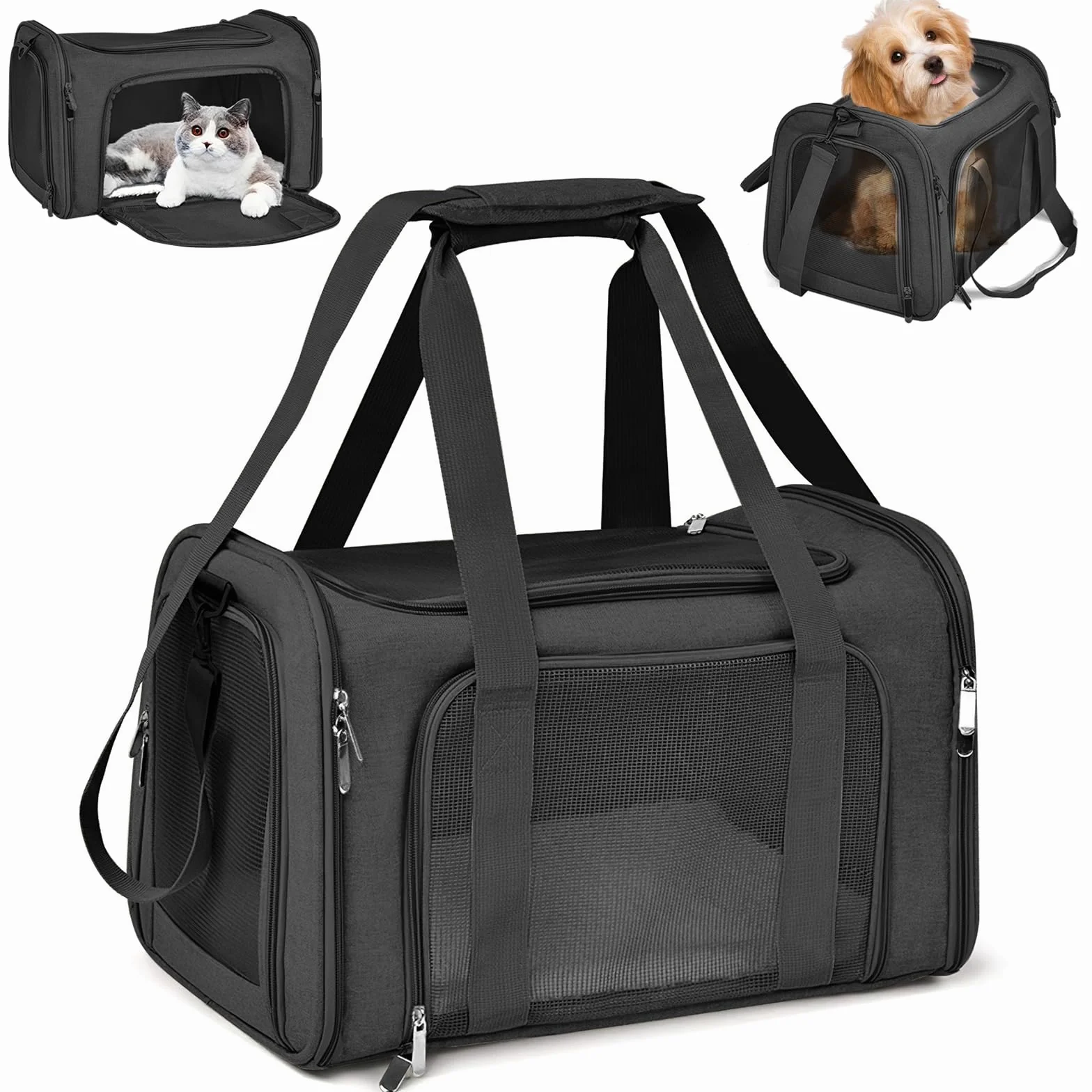 45x30x30 cm Sac de Transport pour Chat d'Extérieur Pliable et Respirant, Caisse de Transport Chat avec Matelas Souple, Sac Chat Transport pour Chat et Chien Voyage en Train/Voiture(Noir)