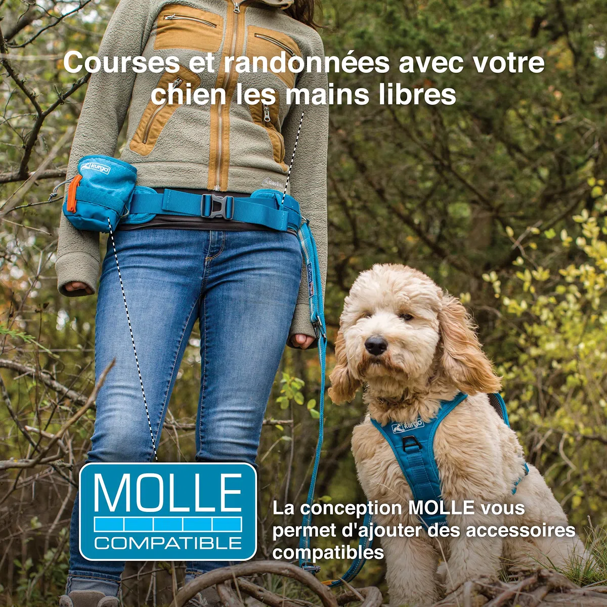 Kurgo Ceinture Ventrale RSG, Ceinture de Course ou Promenade Mains Libres Canicross, réglable, Bande réfléchissante, Compatible Molle, Bleue