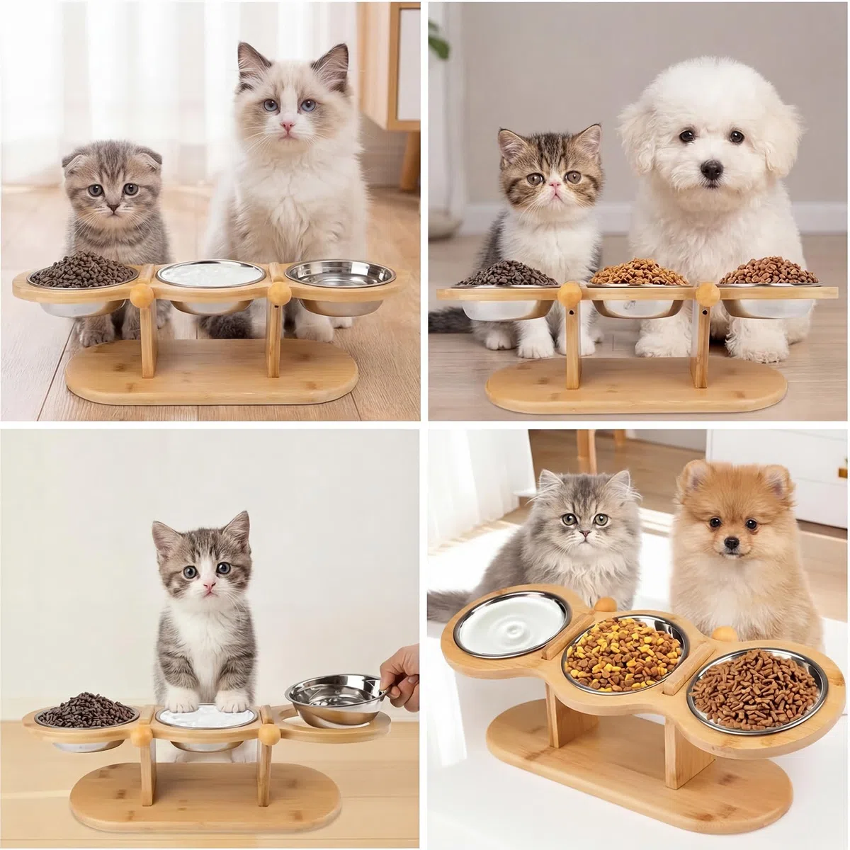 Surélevée Bol Chat Gamelle Chat avec 3 Bols en Acier Inoxydable, Hauteur Réglable–Support pour Eau et Nourriture Adaptée Aux Chats Et Petits Chiens