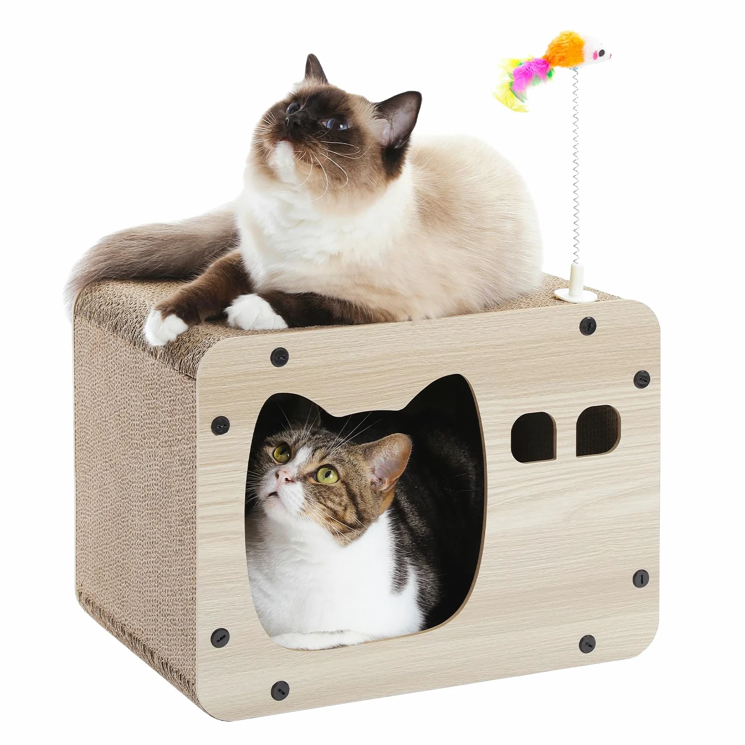 PETEPELA Griffoir pour Chat, Griffoir à Gratter en Carton Ondulé Multifonction 2 en 1, Robuste & Réversible avec Jouet Souris à Ressort, Idéale pour l'Amusement des Chats d'Intérieur (40cm)