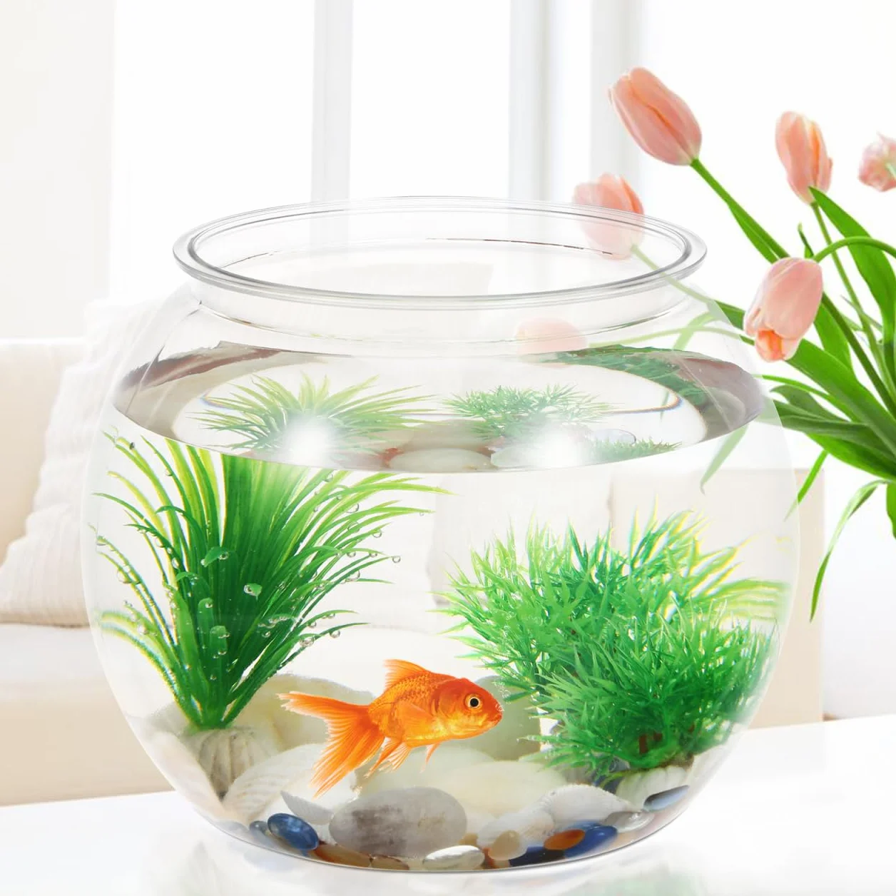 Mipcase Aquarium Rond Transparent en Pet Petit Aquarium De Bureau 8L Bocal À Poissons Résistant Aux Chocs pour Décoration De Maison Et Bureau 8.1X8.1X7 Pouces