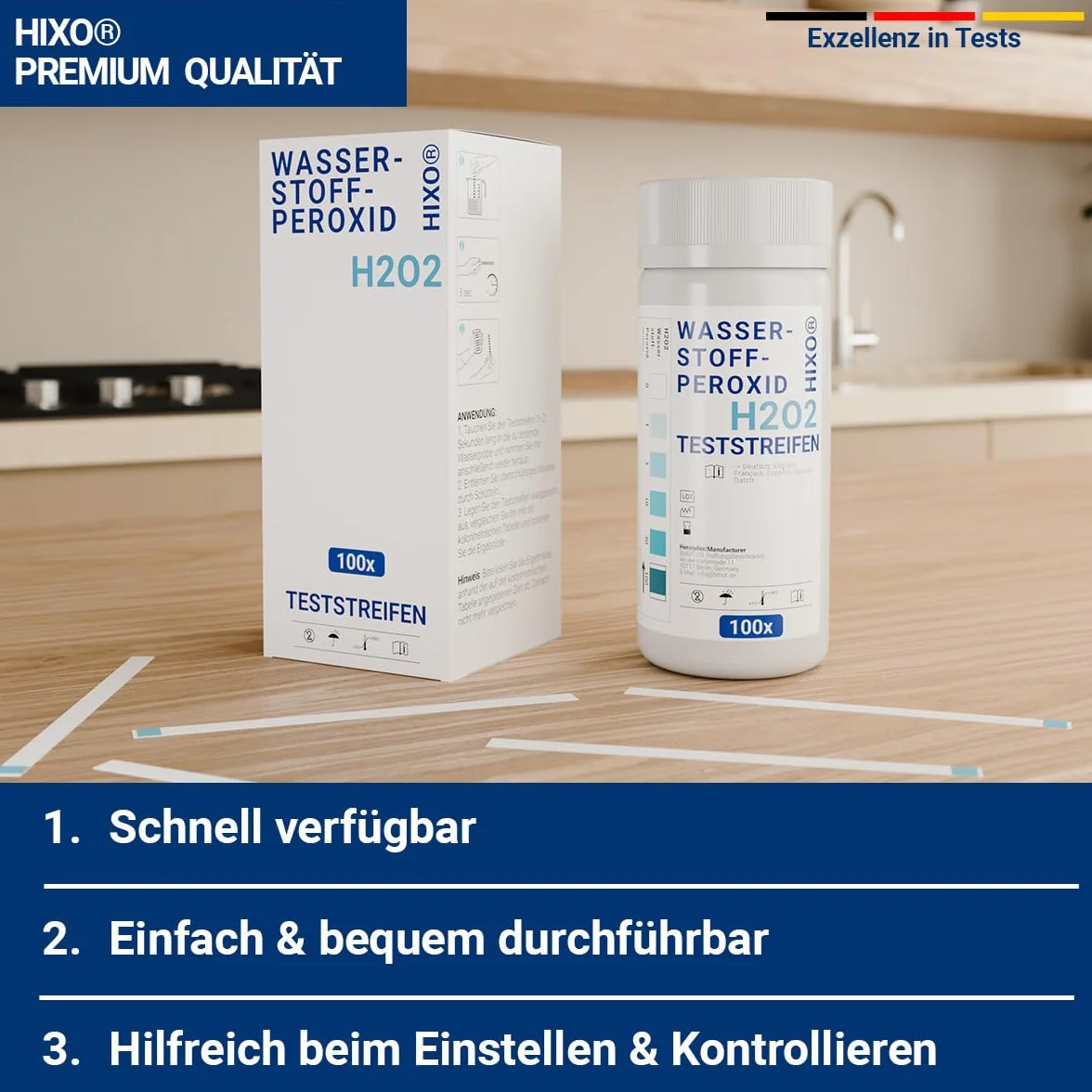 H2O2 Lot de 100 bandelettes de test au peroxyde d'hydrogène pour 0 à 100 ppm – Mesure de la concentration – Utilisation rapide et facile – Avec échelle de couleurs