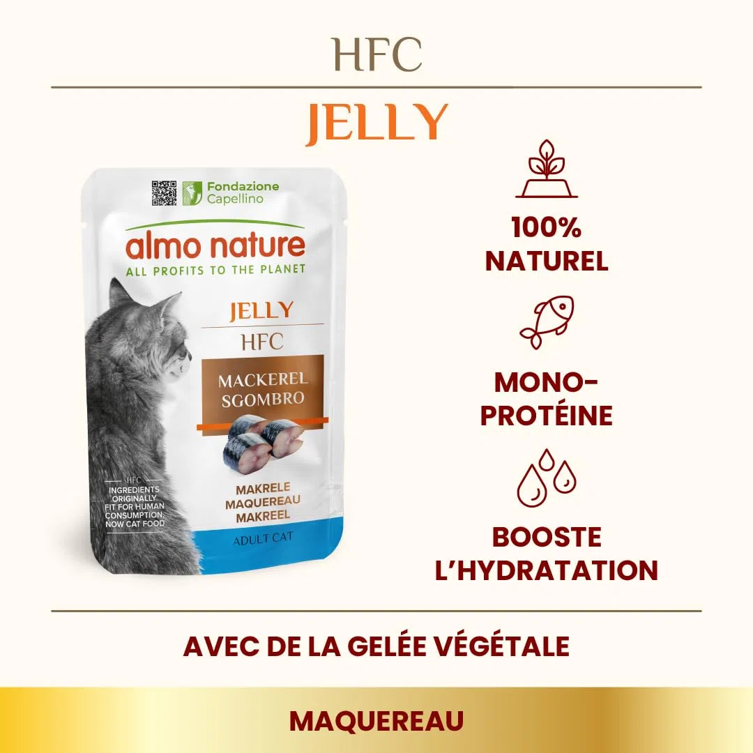 Almo Nature HFC Jelly – Nourriture Humide pour Chats Adultes – Maquereau – 55 g, Lot de 24 Sachets