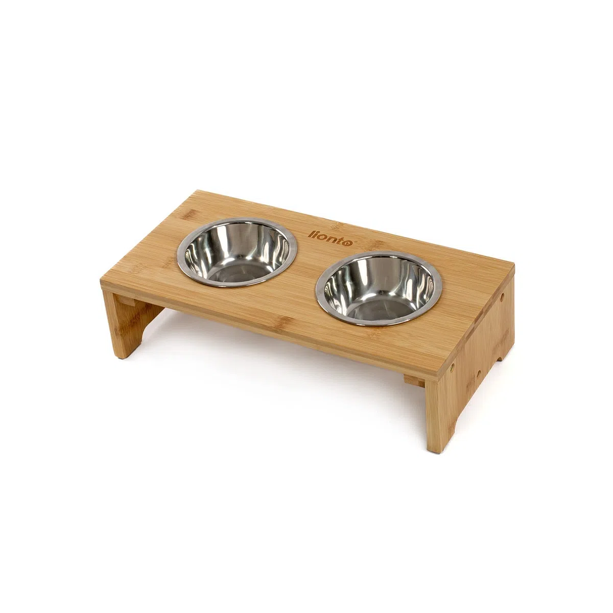 lionto Gamelle surélevée pour Chien en Bambou Robuste et Facile à Entretenir, 40x20x10 cm, Double écuelle pour Chiens et Chats, 2 Bols INOX Ø 11 cm, 350 ML chacun, antidérapante