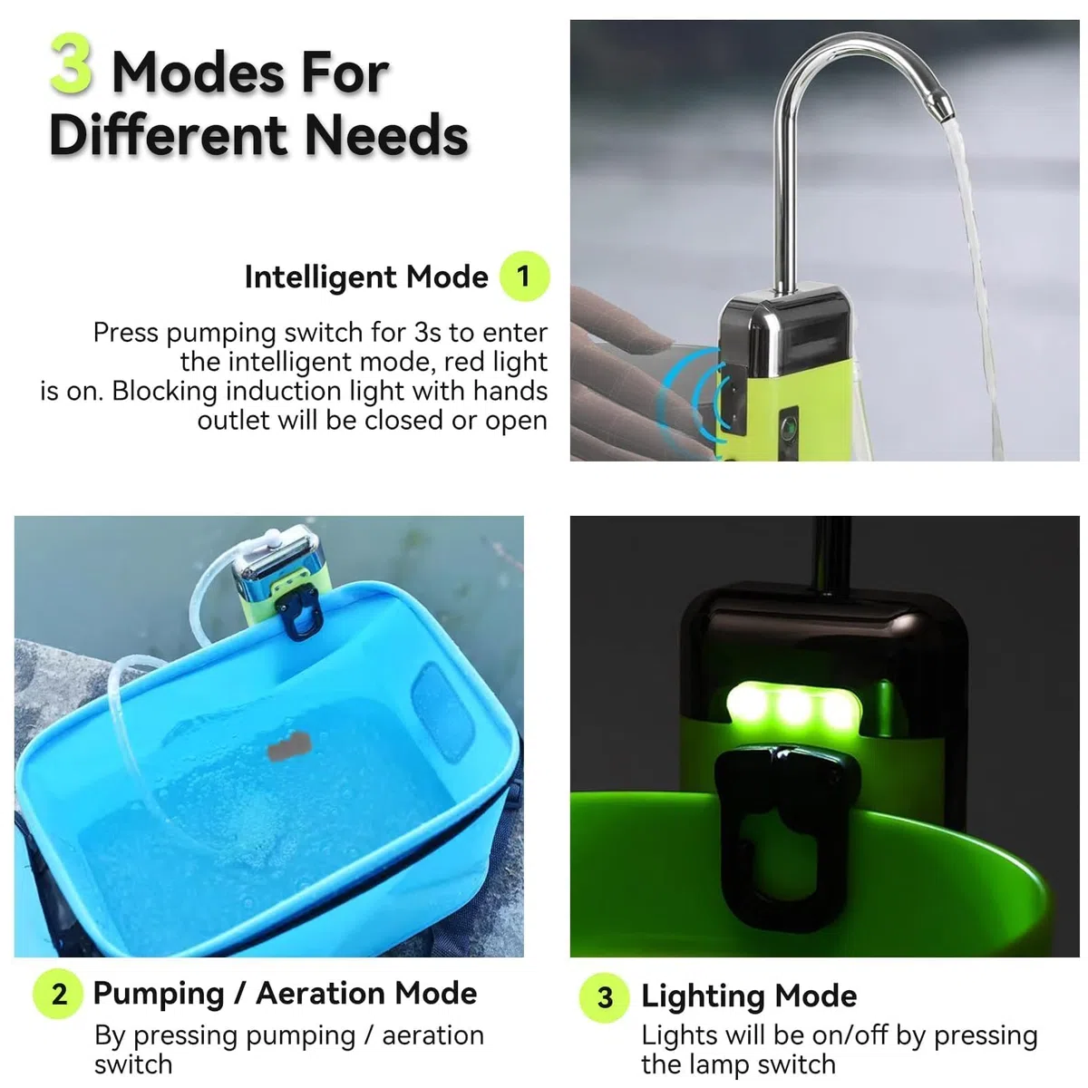Pompe à oxygène - Chargement USB - 3 modes - ABS - Pompe à air d'aquarium - Triple filtration - Capteur intelligent - Pompe à eau - Lumière LED - Pêche - Lavage des mains - Accessoires de pêche avec