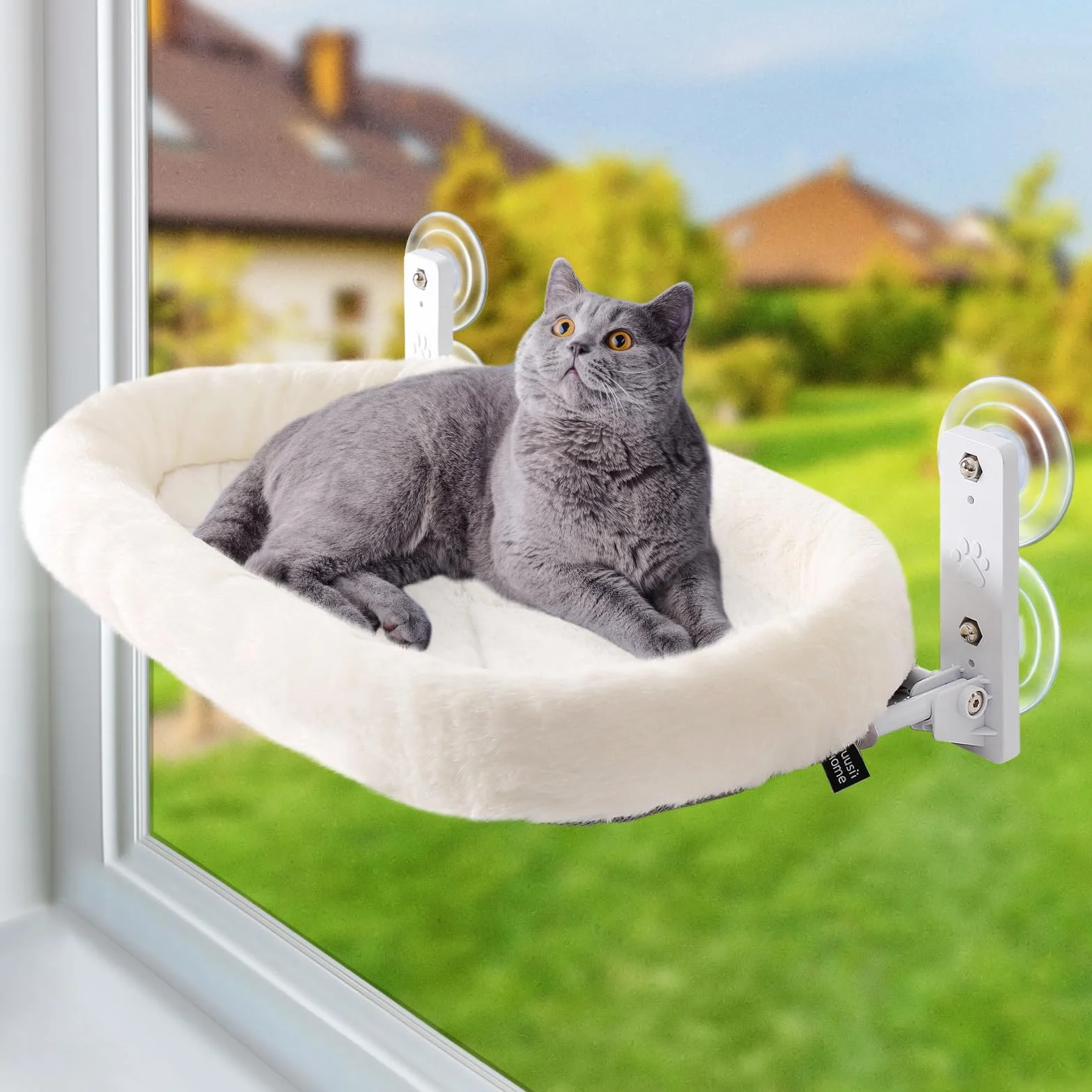 GUUSII HOME Hamac Chat Fenetre Perchoir Lit Fenêtre Panier Suspendu Etagere pour Grande Chats Pliable Transat Facile à Monter avec Ventouse Puissante Tapis Réversible 53 * 30cm Jusqu'à 18kg (Blanc, M)