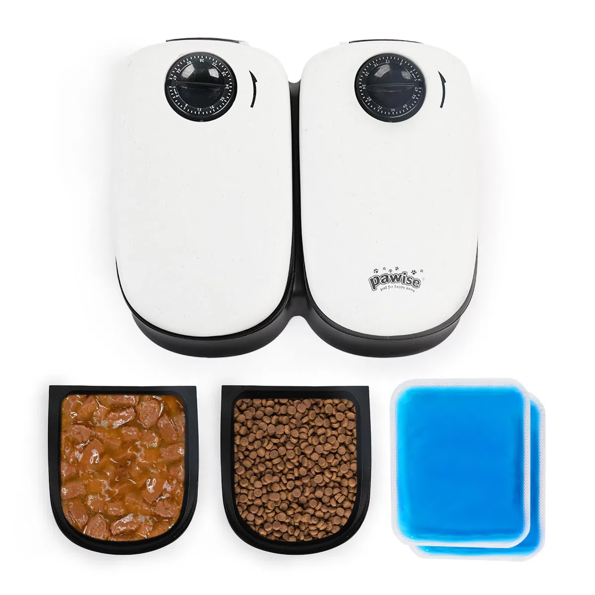 PAWISE Mangeoire Automatique pour Chats Et Chiens, Mangeoires Automatiques pour Animal de Compagnie avec Minuterie Et Poche De Glace, à Utiliser avec des Aliments Secs et Humides (2 Repas)