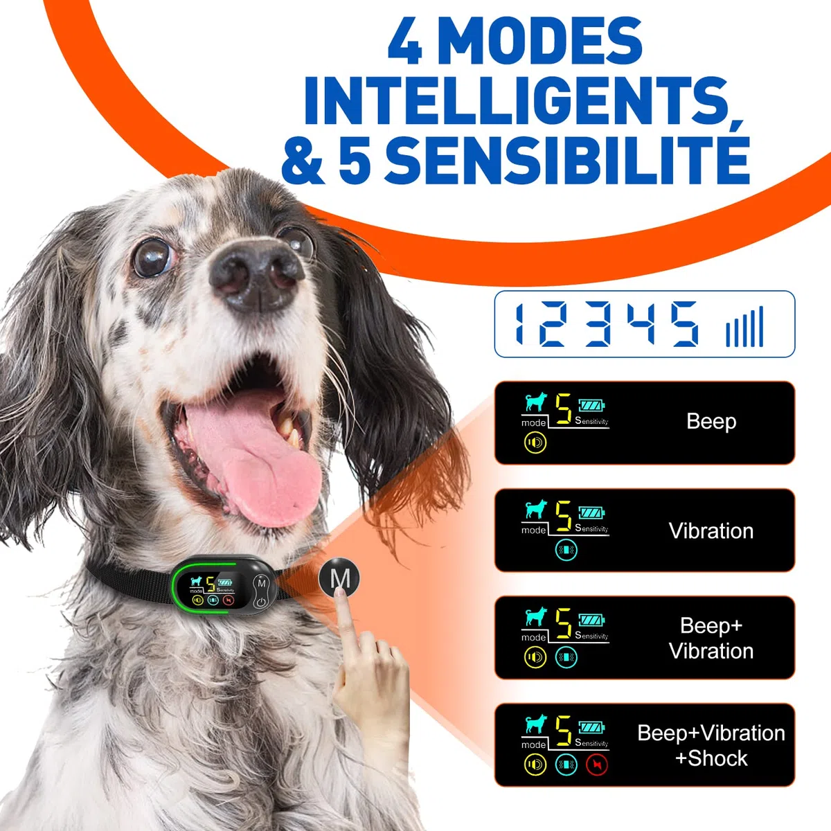 Collier Anti-Aboiement Chien, Rechargeable et Étanche IP67, 4 Modes Son/Vibration/Choc, Sensibilité Réglable, pour Petit Moyen Grand Chien Dressage