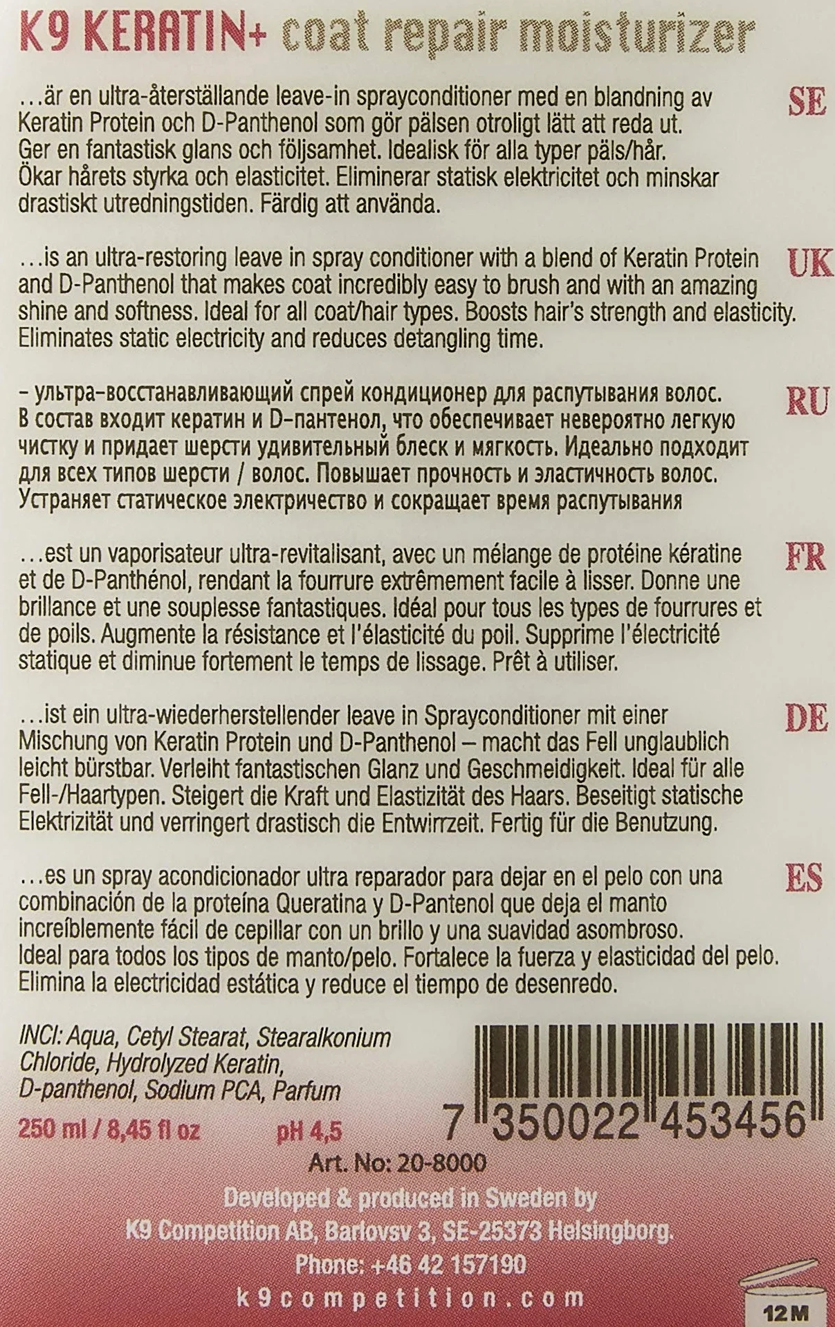 K9 Kératine + Moisture Spray Réparation Pelage pour Chien 250 ML
