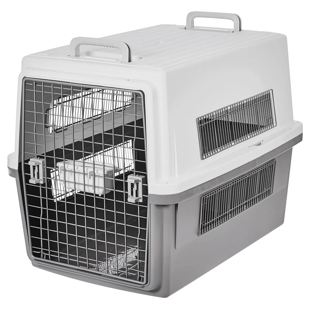 Iris Ohyama, Caisse, Cage, Box de Transport pour Chien, Chat, 2 Portes, Clips, et Loquet de Sécurité, Plastique(PP) sans BPA, L87 x P62 x H63.5 cm, Train, Voiture et Avion, ATC-870, Gris