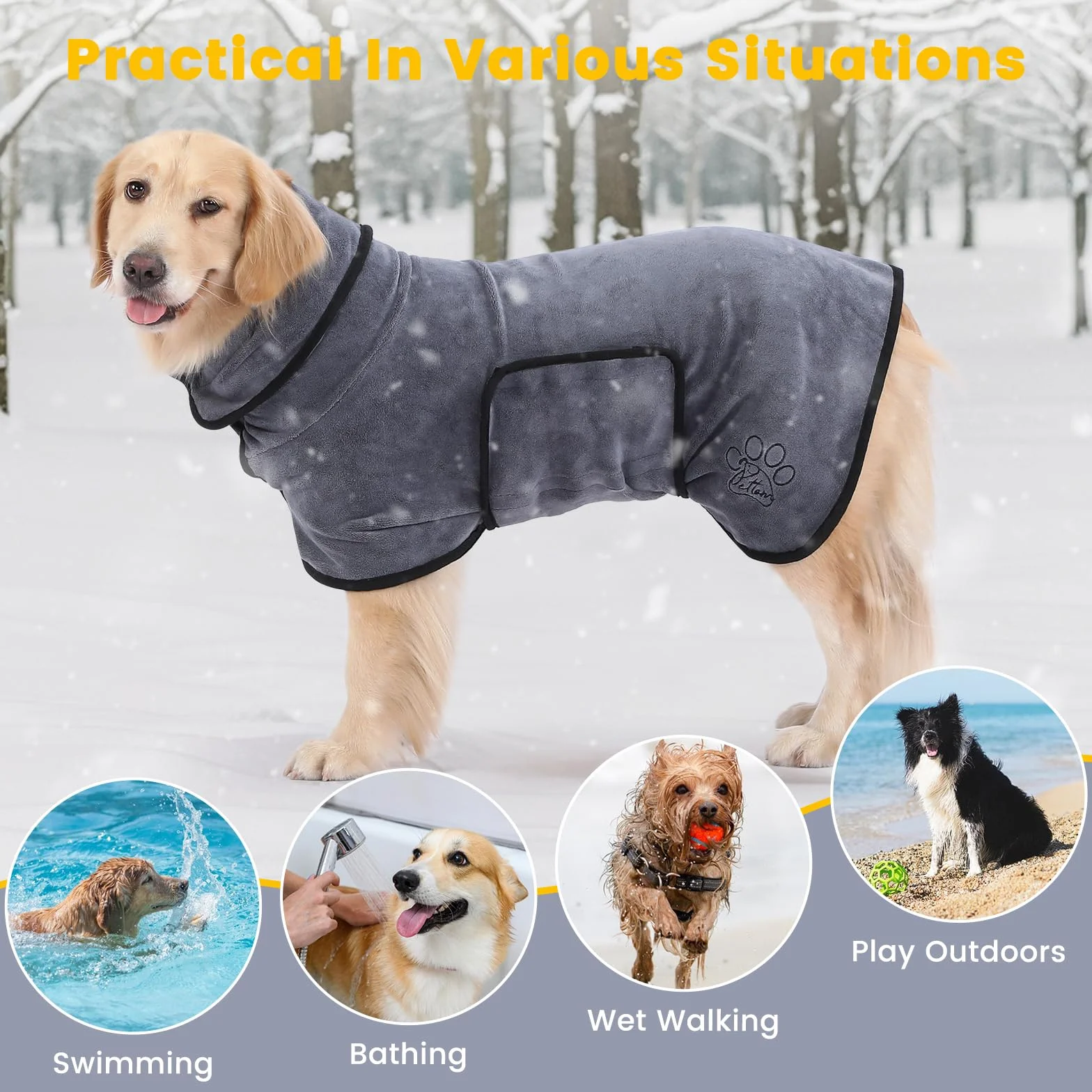 PETTOM Peignoir Chien Microfibre Super Absorbante Réglable, Serviette Bain Chiens avec Col Montant pour Séchage Rapide après Bain, Piscine, Plage et Pluie (Gris L)