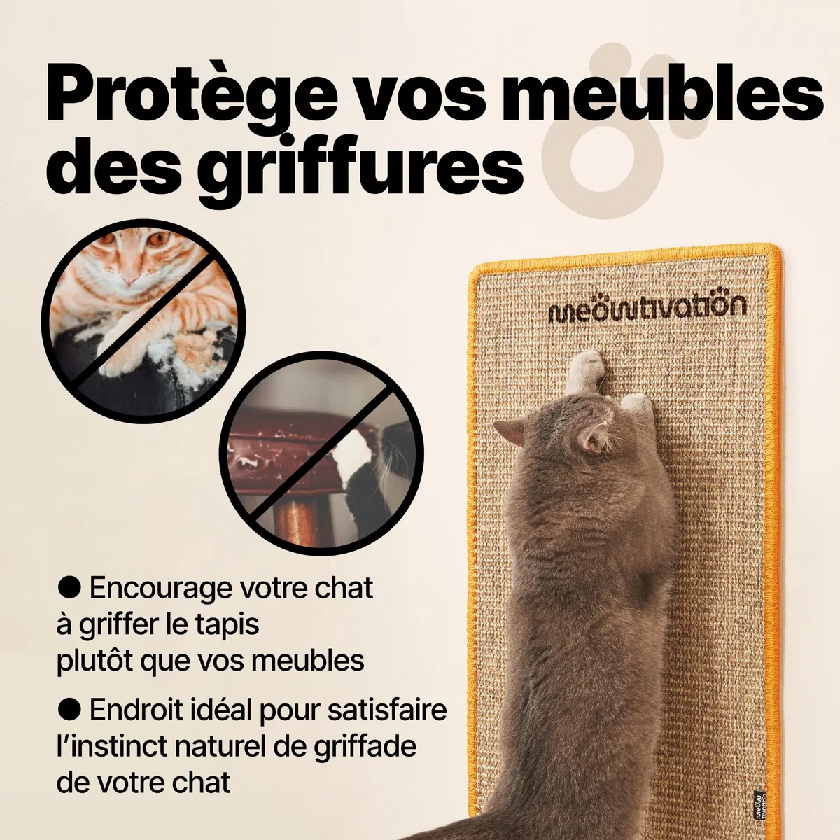 Tapis griffoir pour Chats – Tapis en sisal Naturel, résistant et Multifonction, avec Motif Empreintes, Accessoire Robuste et décoratif (Orange, 60 x 40 cm)