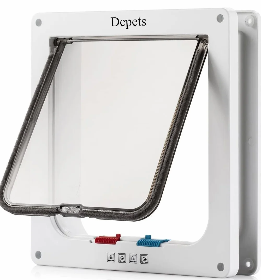 Depets Grande Porte pour Chat Verrouillable à 4 Voies (25,1 x 23,4 cm) - Chatière Résistante aux Intempéries pour Portes Intérieures et Extérieures