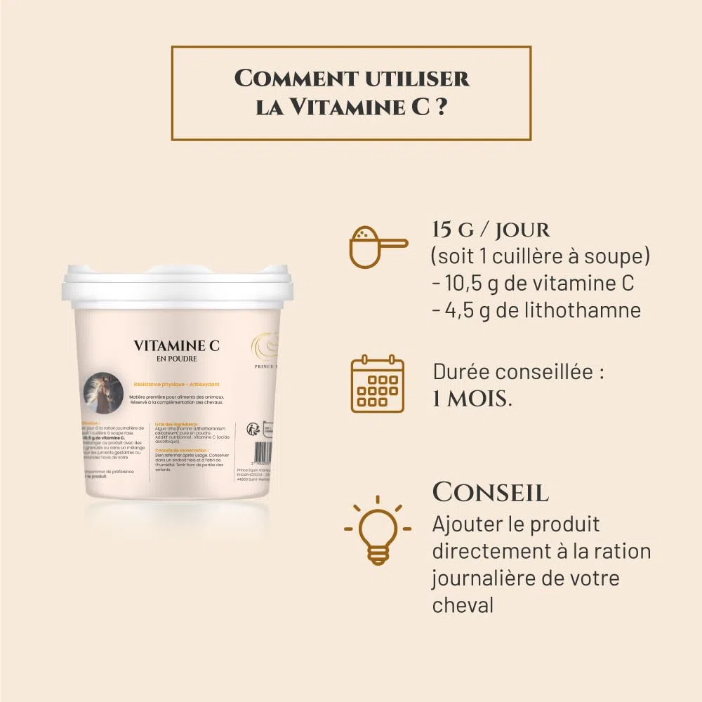 Vitamine C - Complément nutritionnel Cheval - Pot 1 kg - Force, Energie, Résistance - Antioxydant - Marque Française