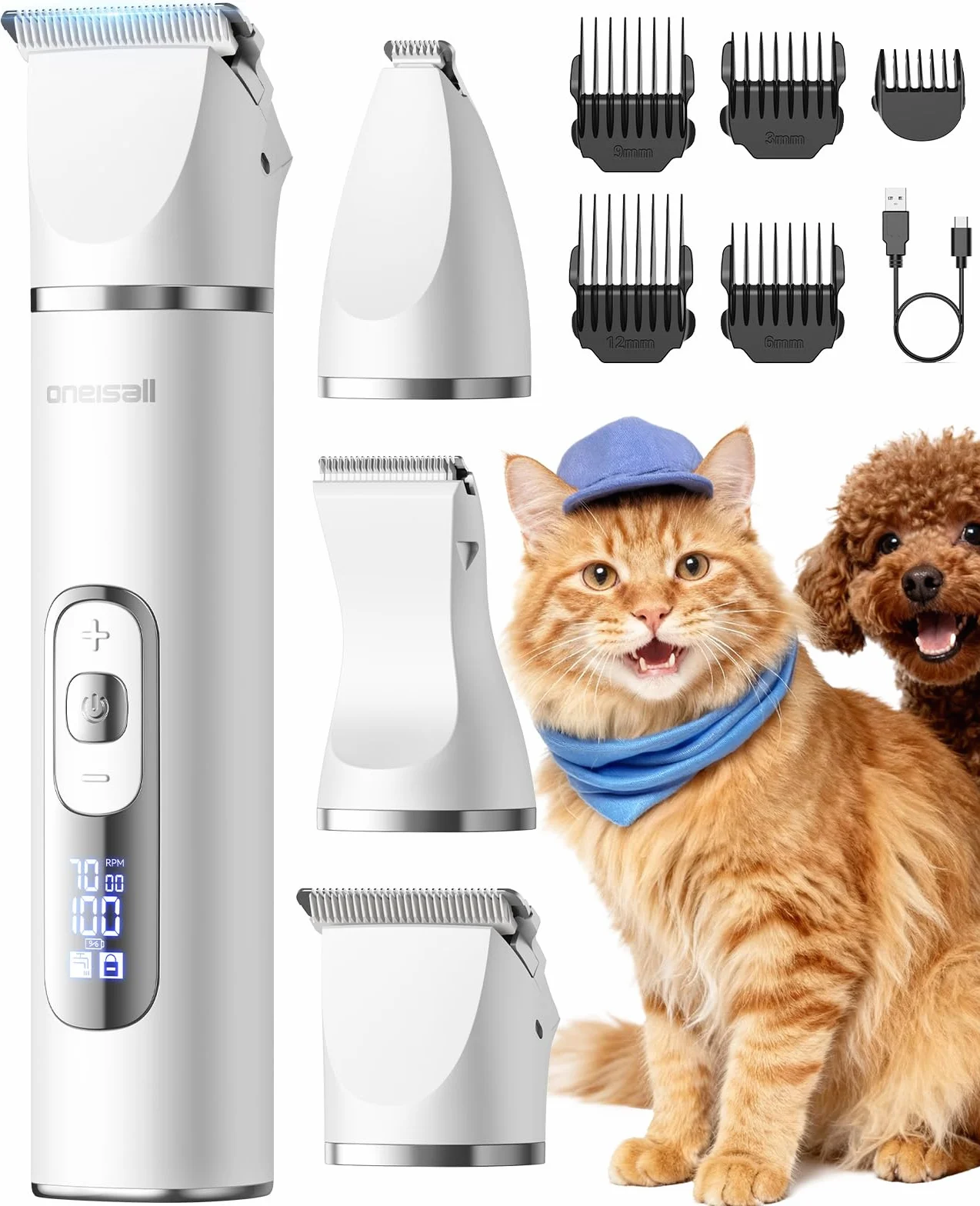 oneisall 3 en 1 Tondeuse Pour Chats et Chiens, écran LCD, Rasoir Silencieux Pour Chats, Tondeuse Professionnelle Pour et Chiens Sans Fil, Pour Pattes, Fesses, Nœuds, Crottes