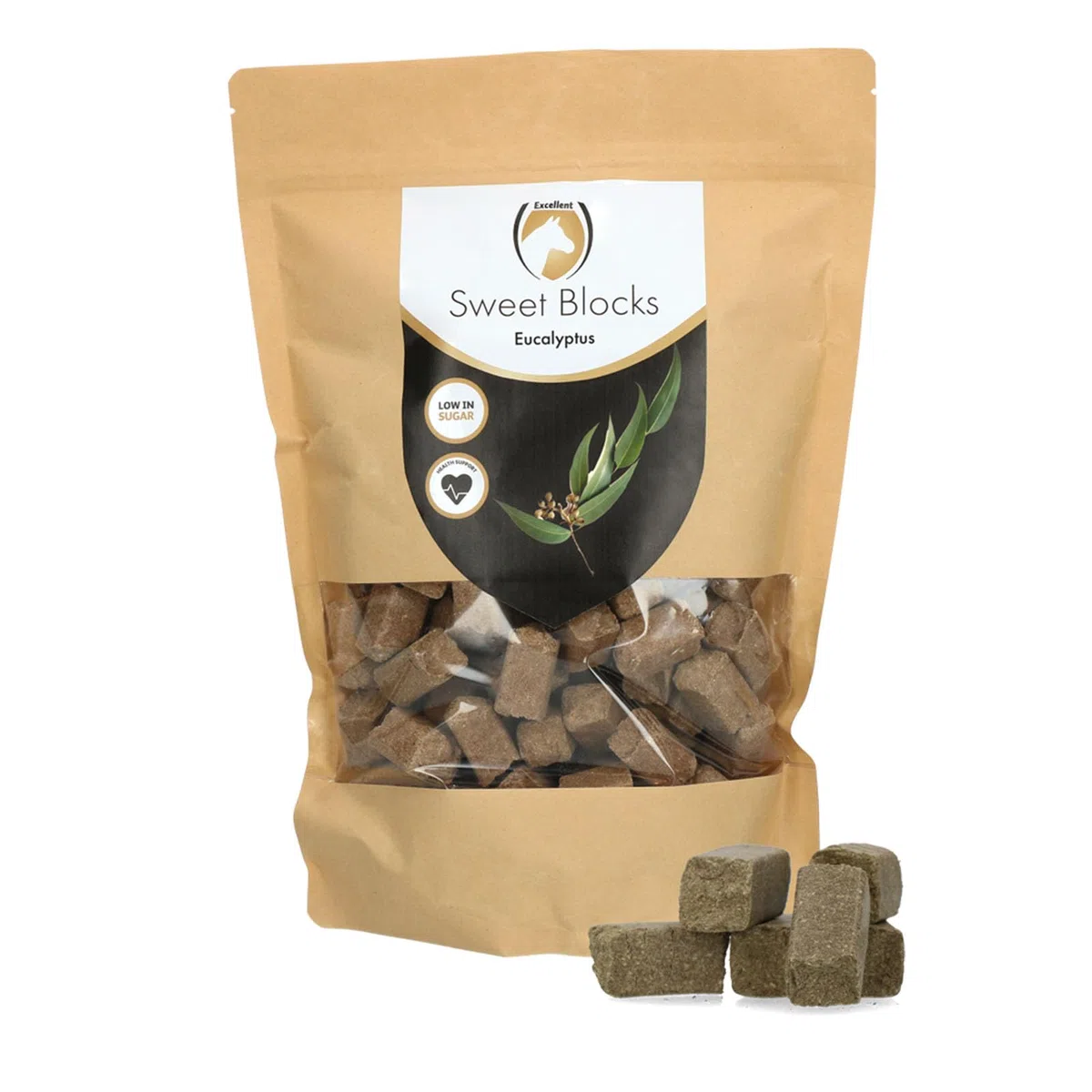 Excellent Horse Sweet Eucalypta Blocks – Bonbons pour chevaux – Sans sucre – Saveur eucalyptus – Morceaux – Récompense – 1 kg