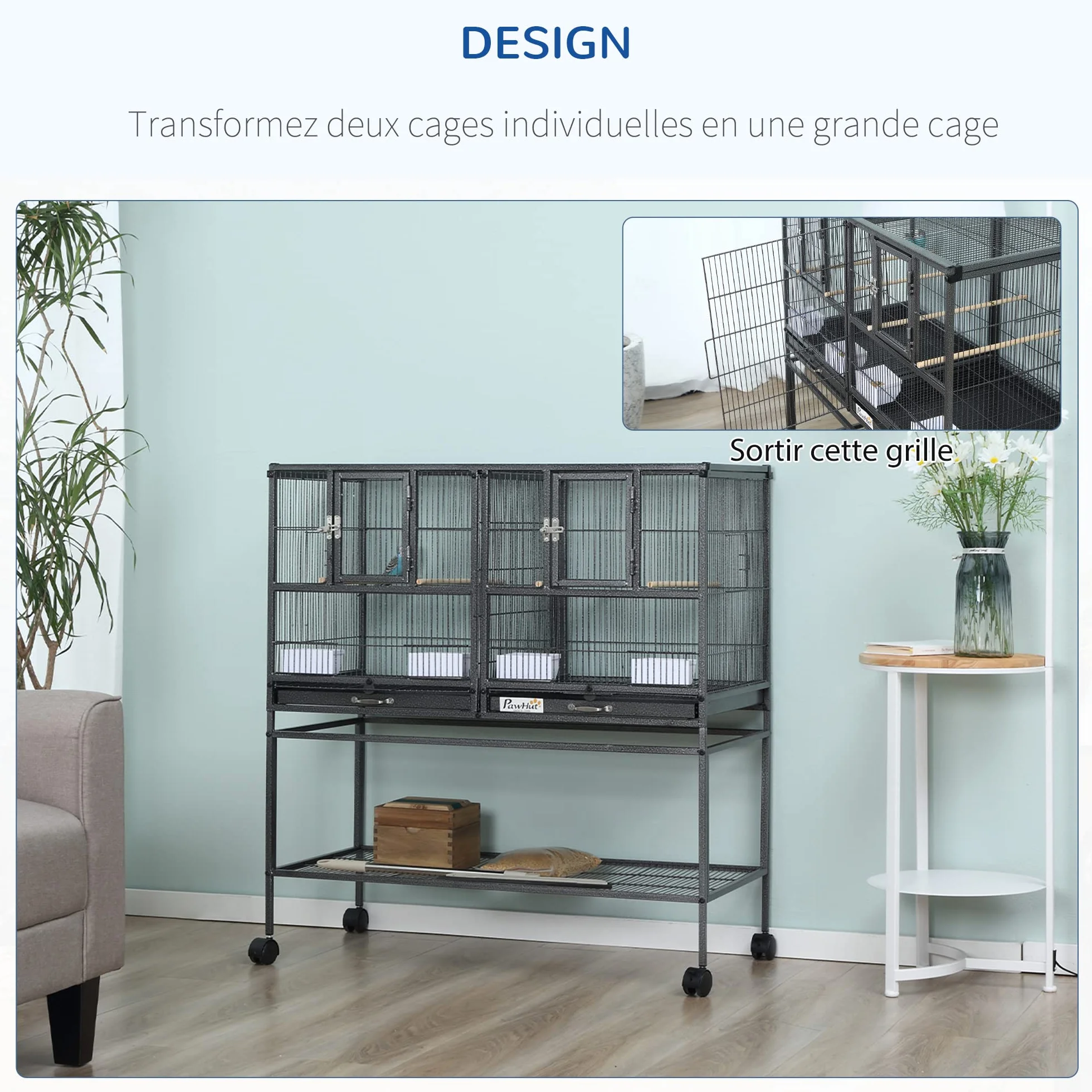 PawHut Cage à Oiseaux avec séparation mangeoire et perchoir 95L x 45,5l x 102H cm Noir et Gris