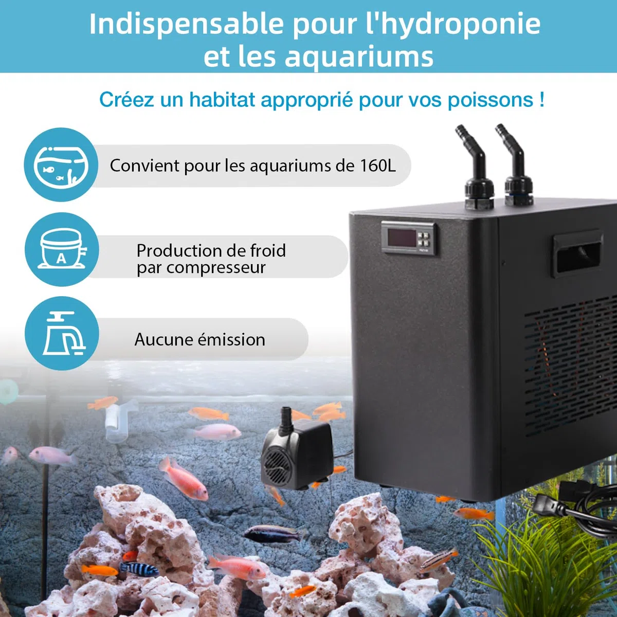 160L Refroidisseur d'eau pour Aquarium 74W, système de Refroidissement pour Aquarium de Poissons, système de Refroidissement pour crevettes d'aquaculture, Tuyau et Anneau de Fixation Inclus.
