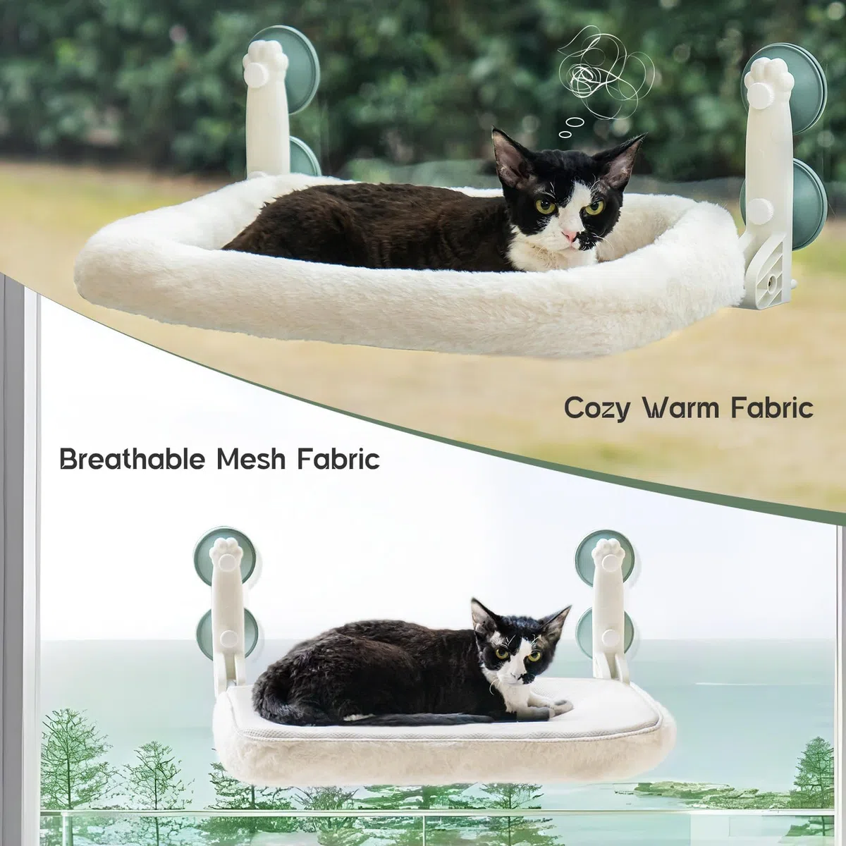 MEWOOFUN Hamac Chat Fenetre Pliable Lit pour Chat avec des Ventouses Stables Tapis réversible Jusqu'à 18kg (Beige, M-with Mat)
